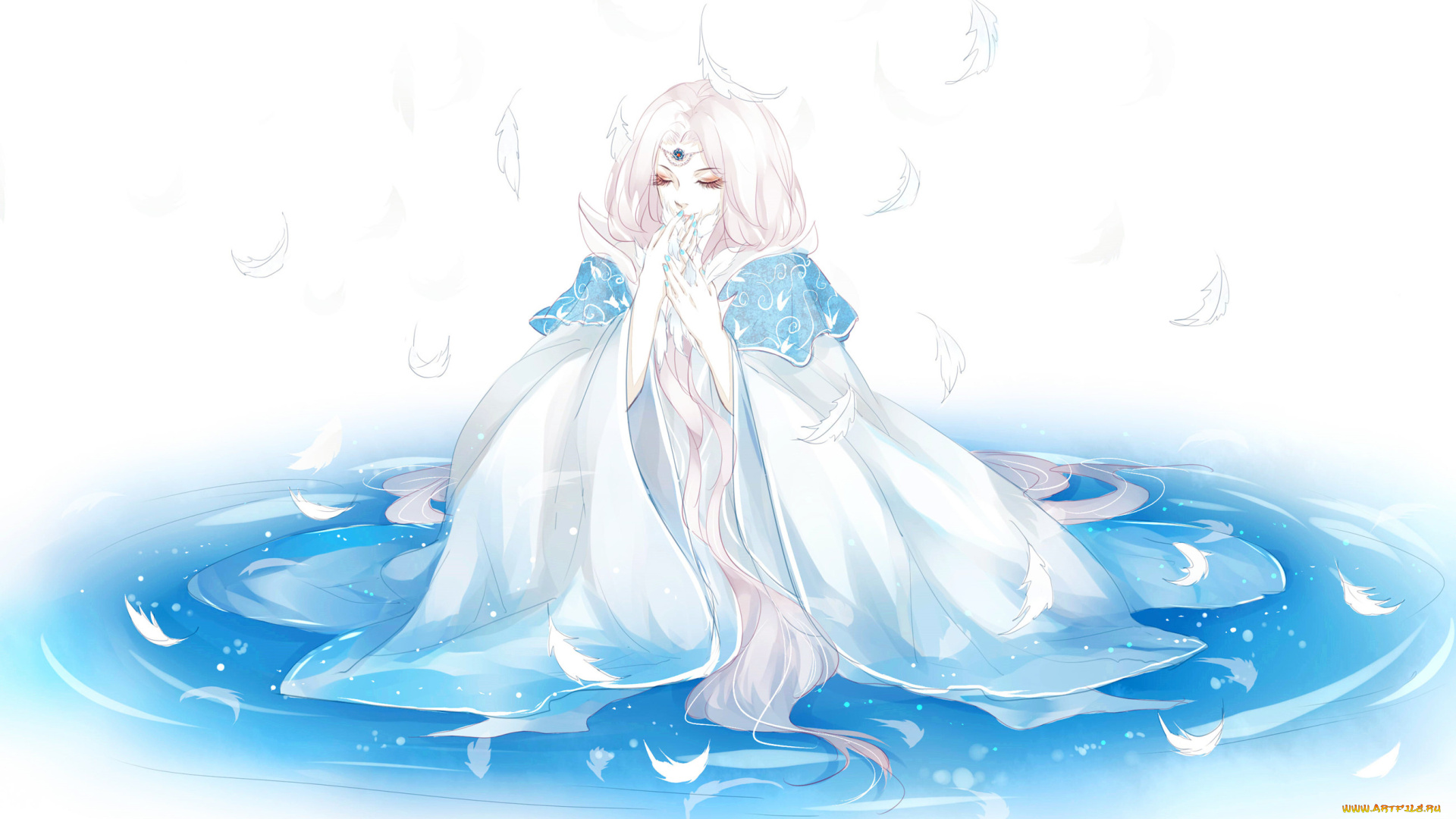 аниме, unknown, , другое, вода, перья, девушка