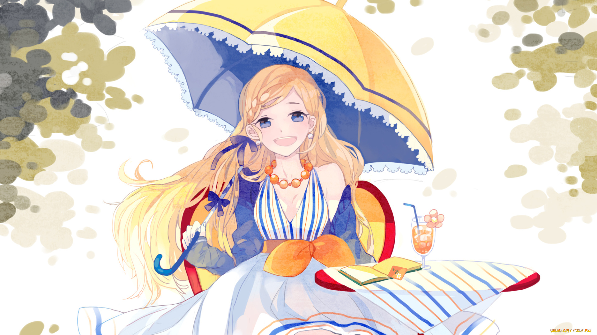 аниме, unknown, , другое, зонт, девушка, бусы, книга, улыбка