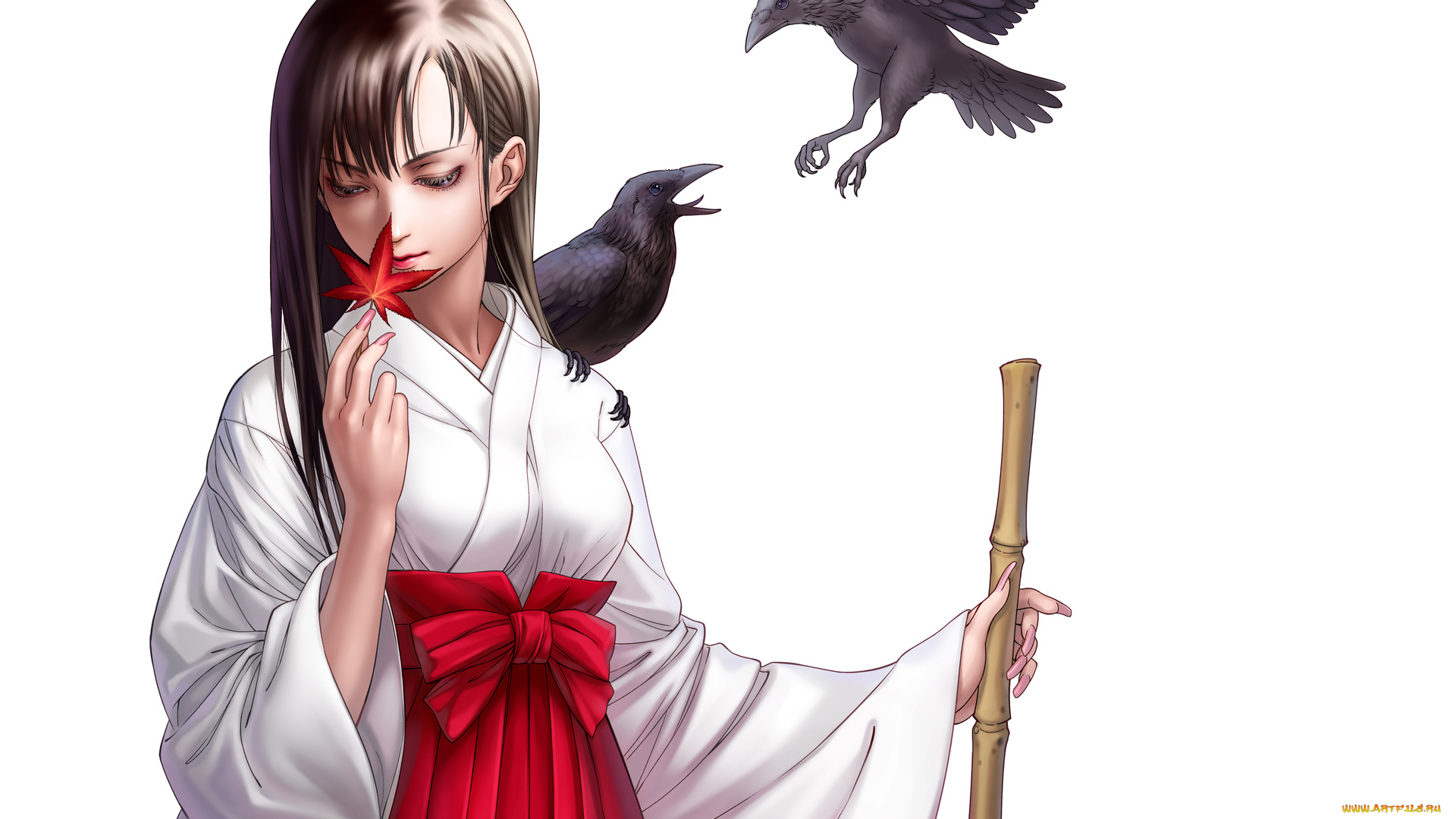 аниме, животные, , существа, девушка, птицы, вороны, лист