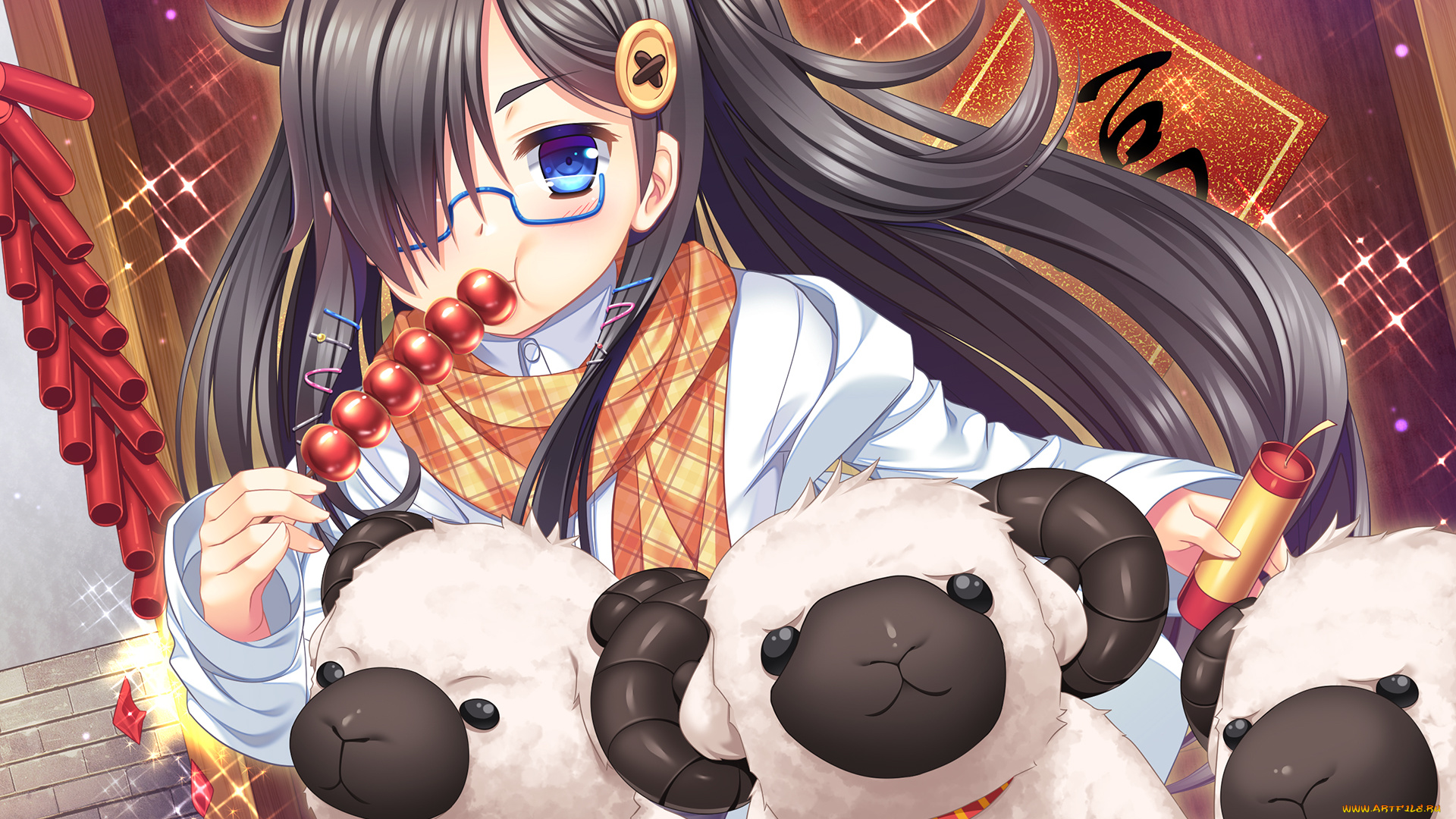 аниме, животные, , существа, linxingzi, еда, ягнята, барашки, девушка, арт, 33paradox