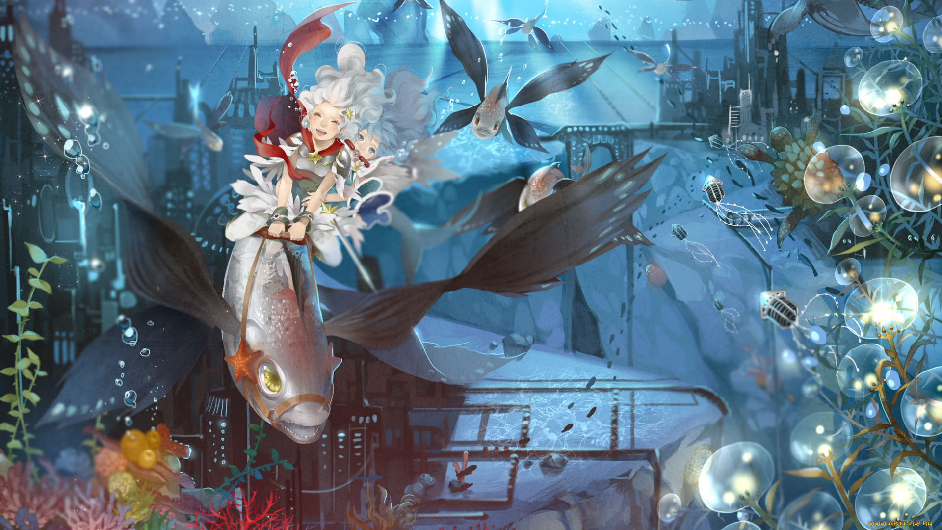 аниме, животные, , существа, морские, звезды, город, рыбы, девочки