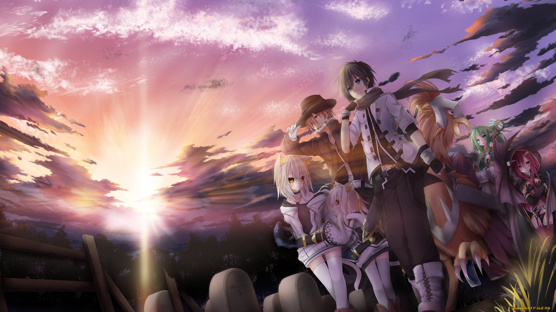 аниме, животные, , существа, путники, кладбище, закат, фэнтези, tyaba, neko, арт, уши, неко, существо