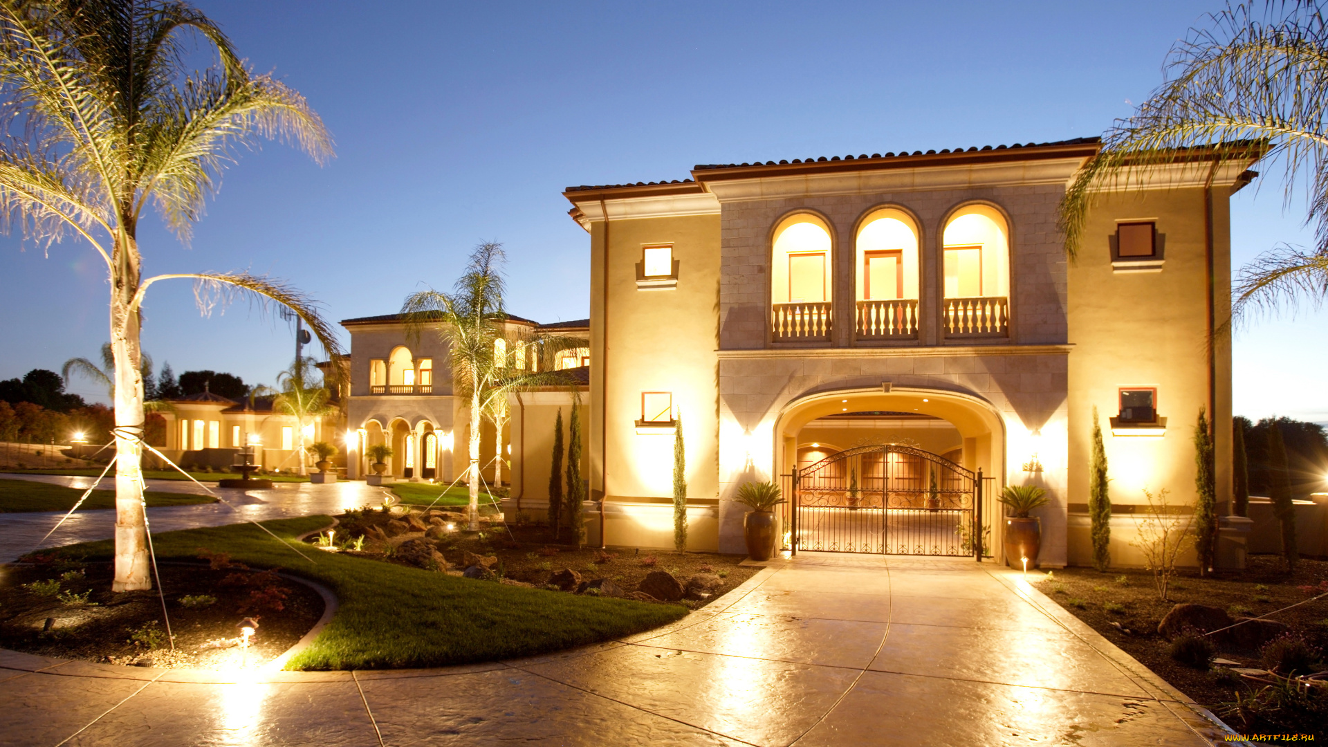 города, -, здания, , дома, газон, пальма, огни, ночь, дизайн, особняк, дом