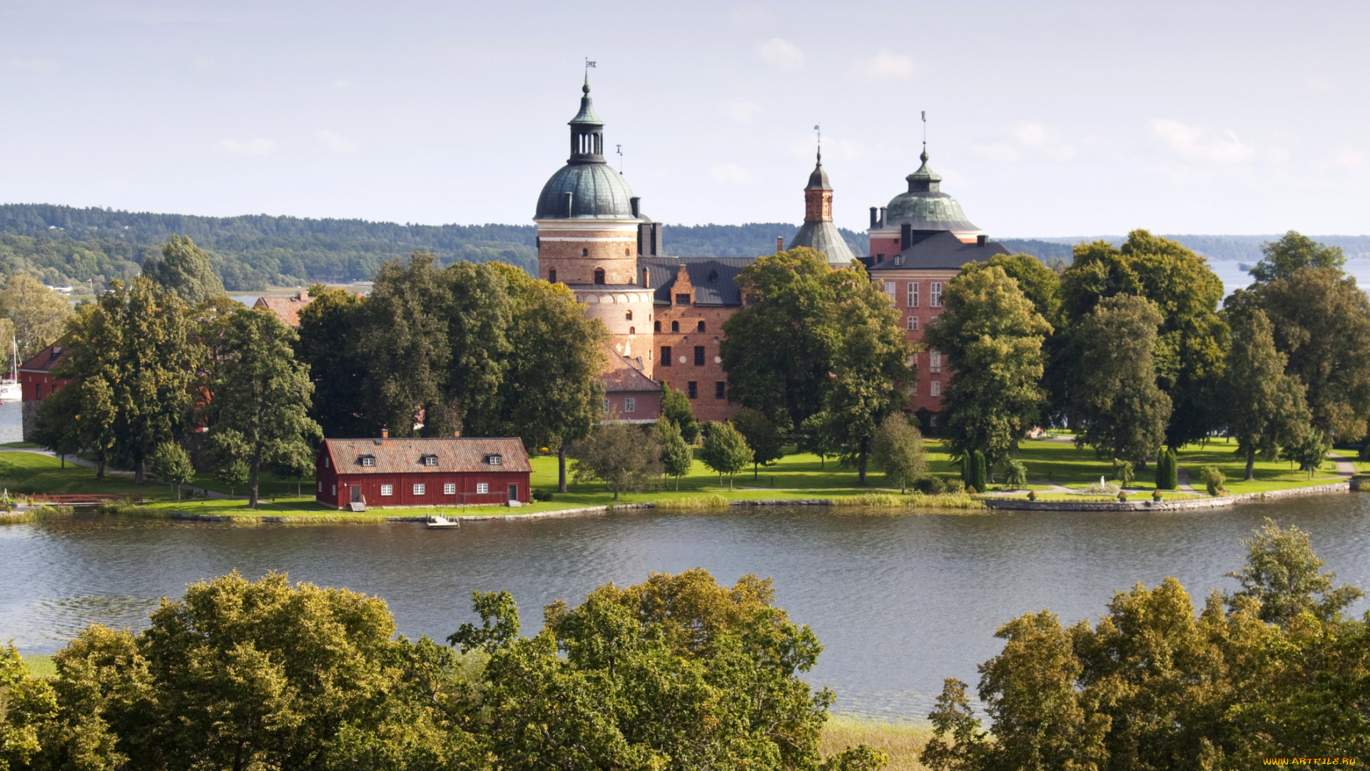 замок, gripsholms, швеция, города, замки, швеции, река, пейзаж, деревья, gripsholms, замок