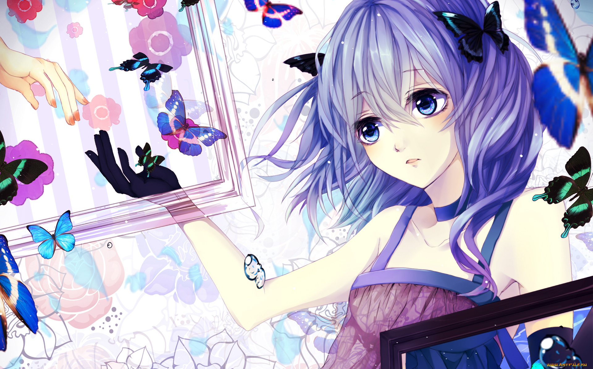 аниме, unknown, , другое, цветы, рамки, бабочки, девушка