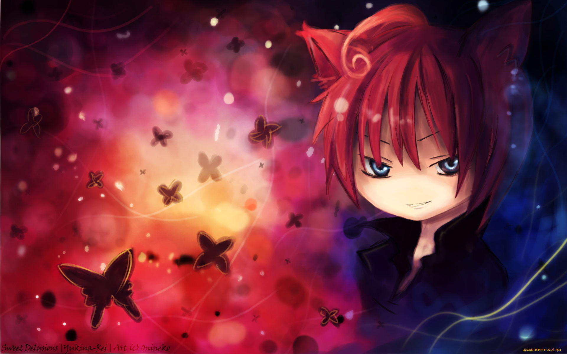 аниме, животные, , существа, улыбка, парень, бабочки, ушки, onineko, art, неко