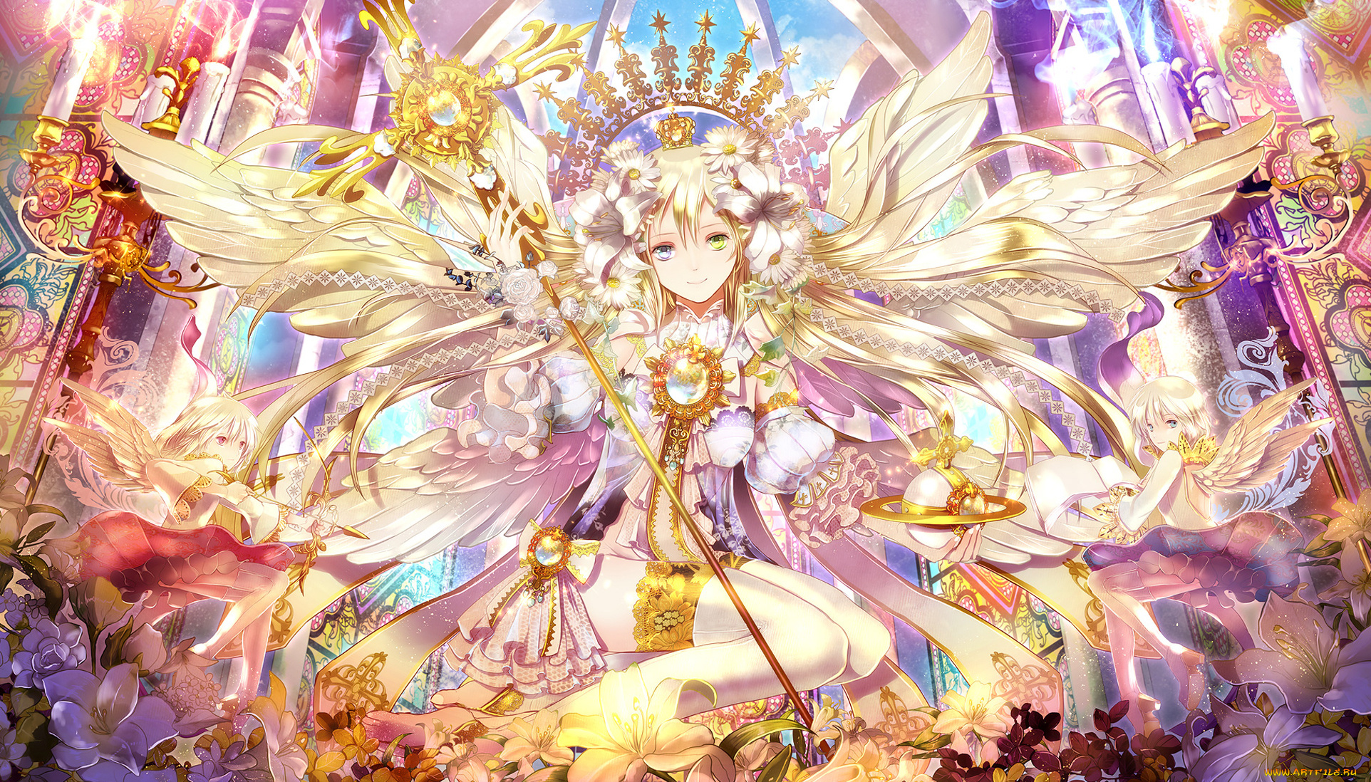 аниме, ангелы, , демоны, гетерохромия, стрелы, лук, цветы, крылья, посох, девушка