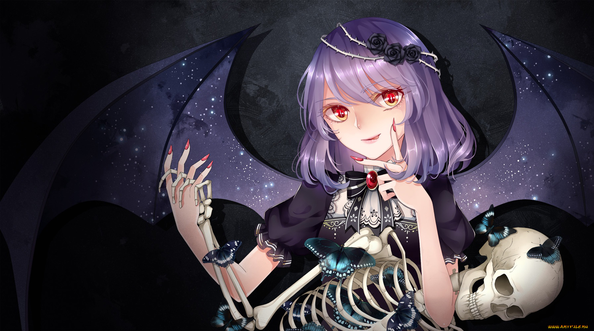 аниме, ангелы, , демоны, бабочки, девушка, розы, скелет, крылья, stari, remilia, scarlet