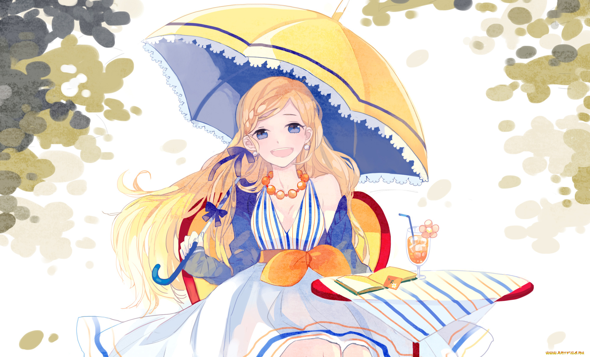 аниме, unknown, , другое, зонт, девушка, бусы, книга, улыбка