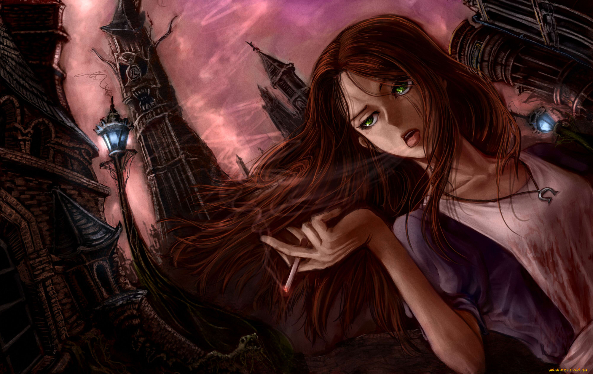 аниме, alice, in, wonderland, девушка, город, дым, сигарета