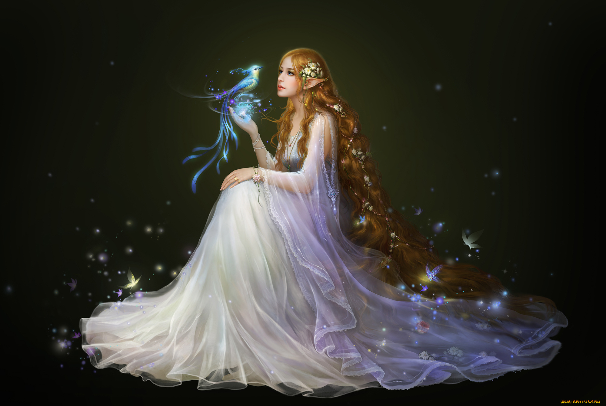 фэнтези, эльфы, фентези, эльфийка, птичка, арт