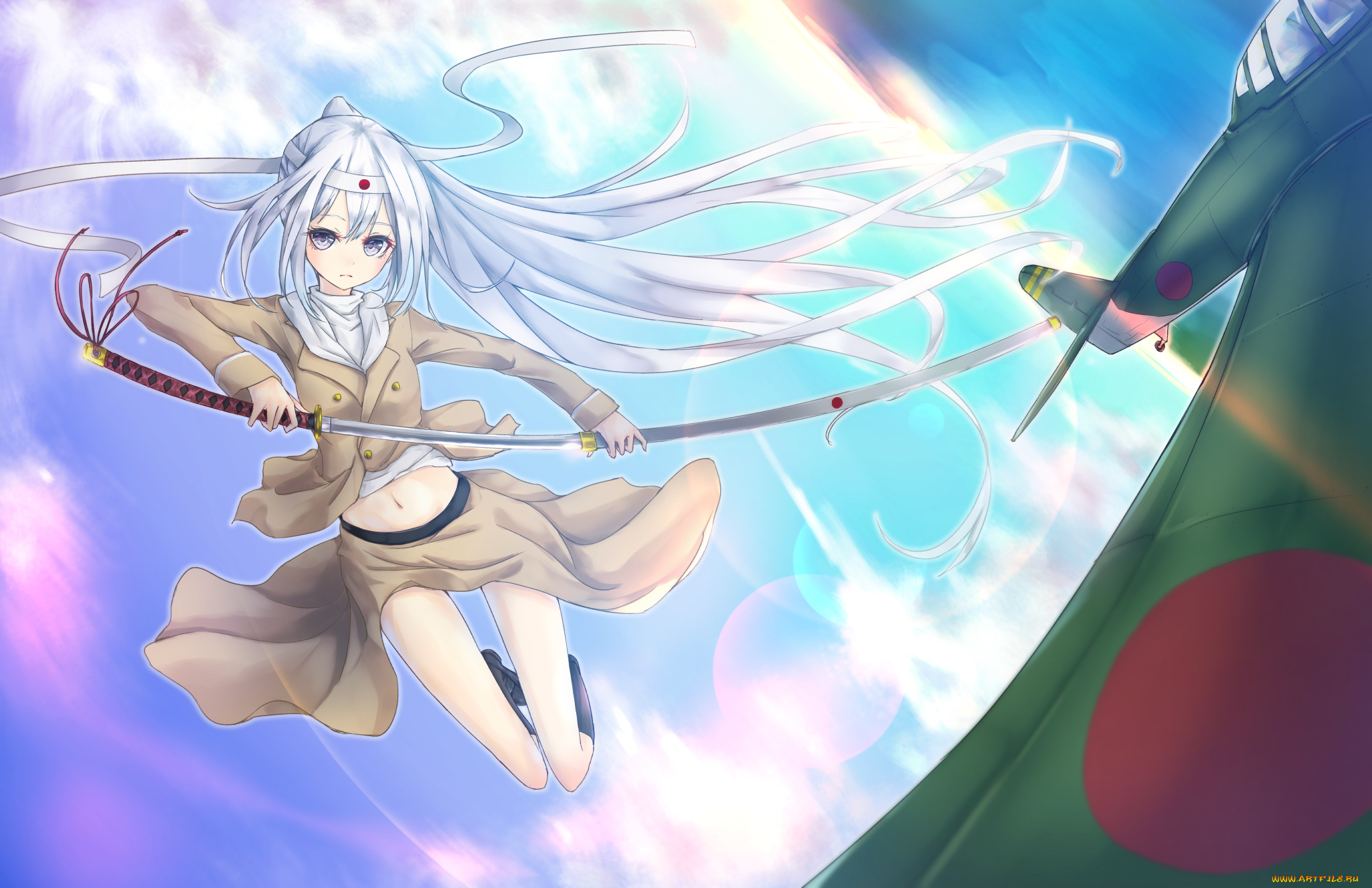 аниме, kantai, collection, equipments, fairy, меч, самолёт, девушка
