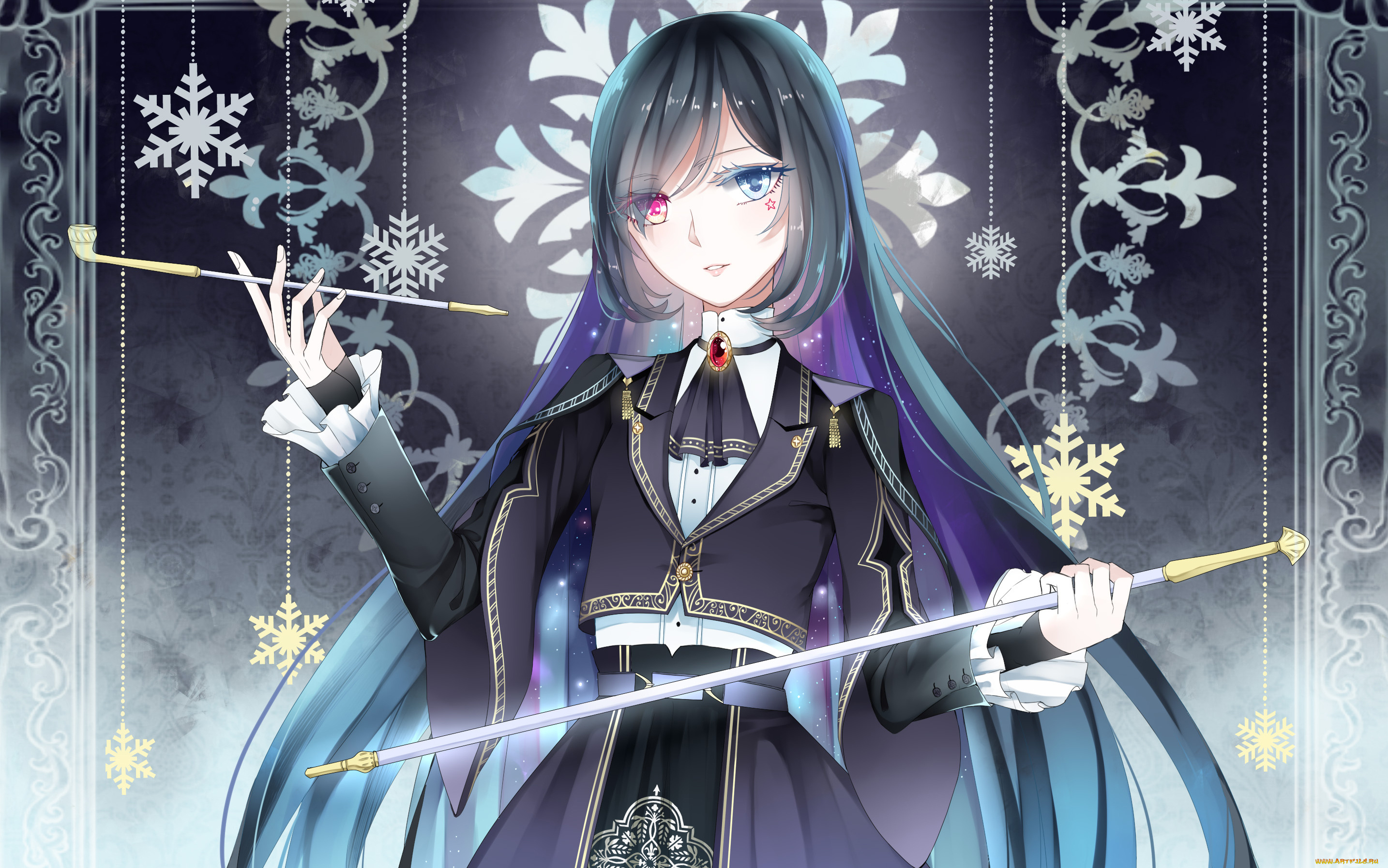 аниме, оружие, , техника, , технологии, снежинки, разные, глаза, узоры, трубка, указка, девушка