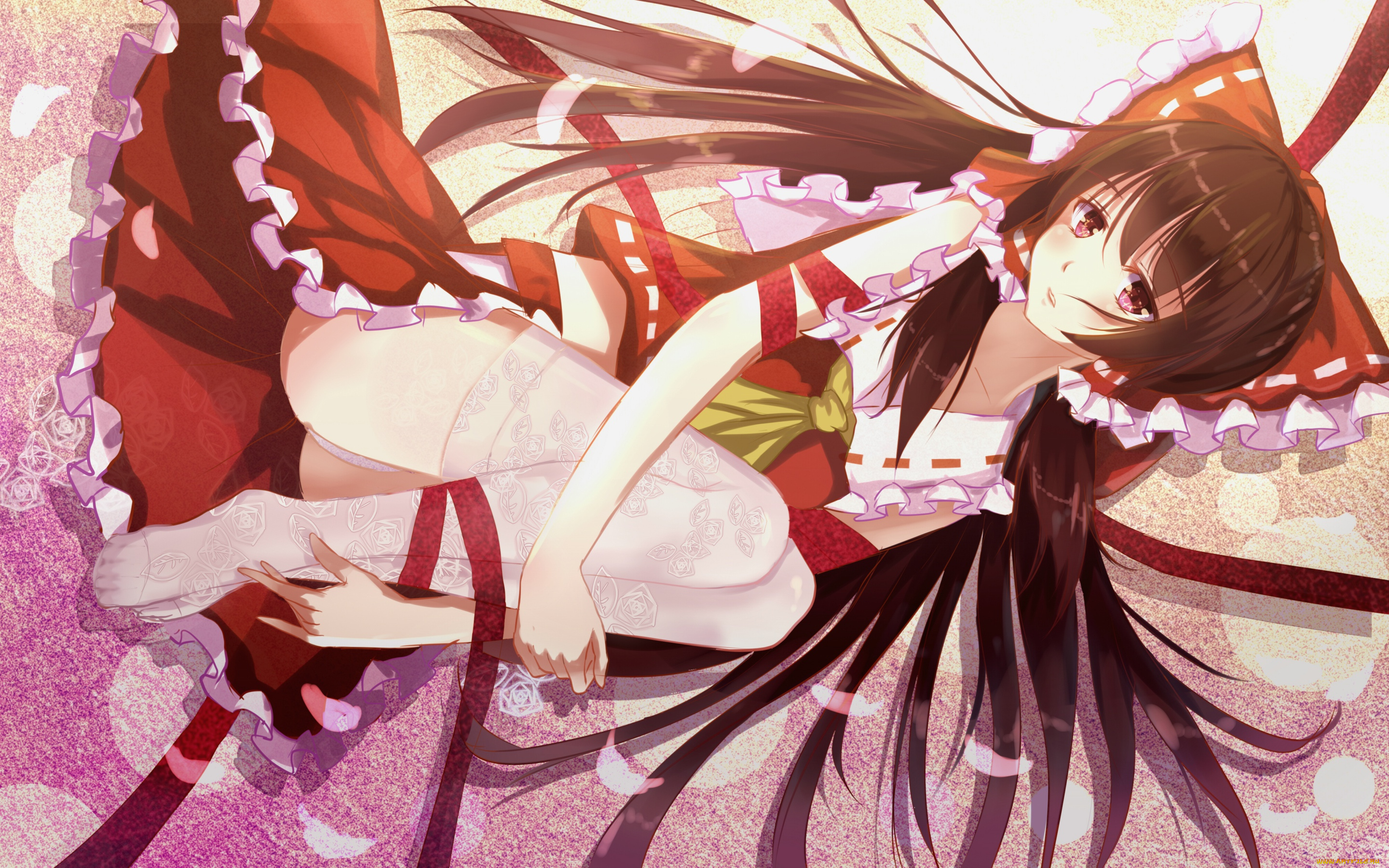 аниме, touhou, девушка, арт, бант, hakurei, reimu, взгляд, лежит