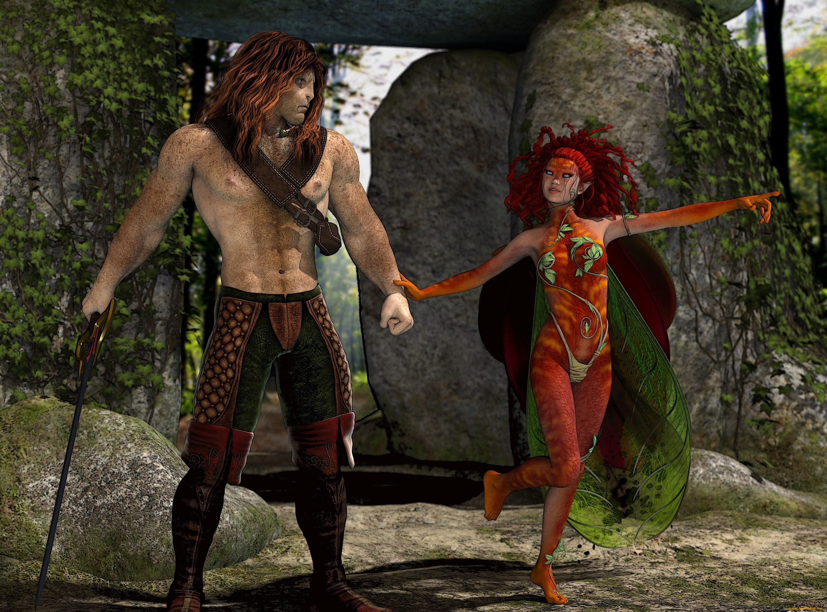 3д, графика, эльфы, , elves, лес, фон, взгляд, эльфийка