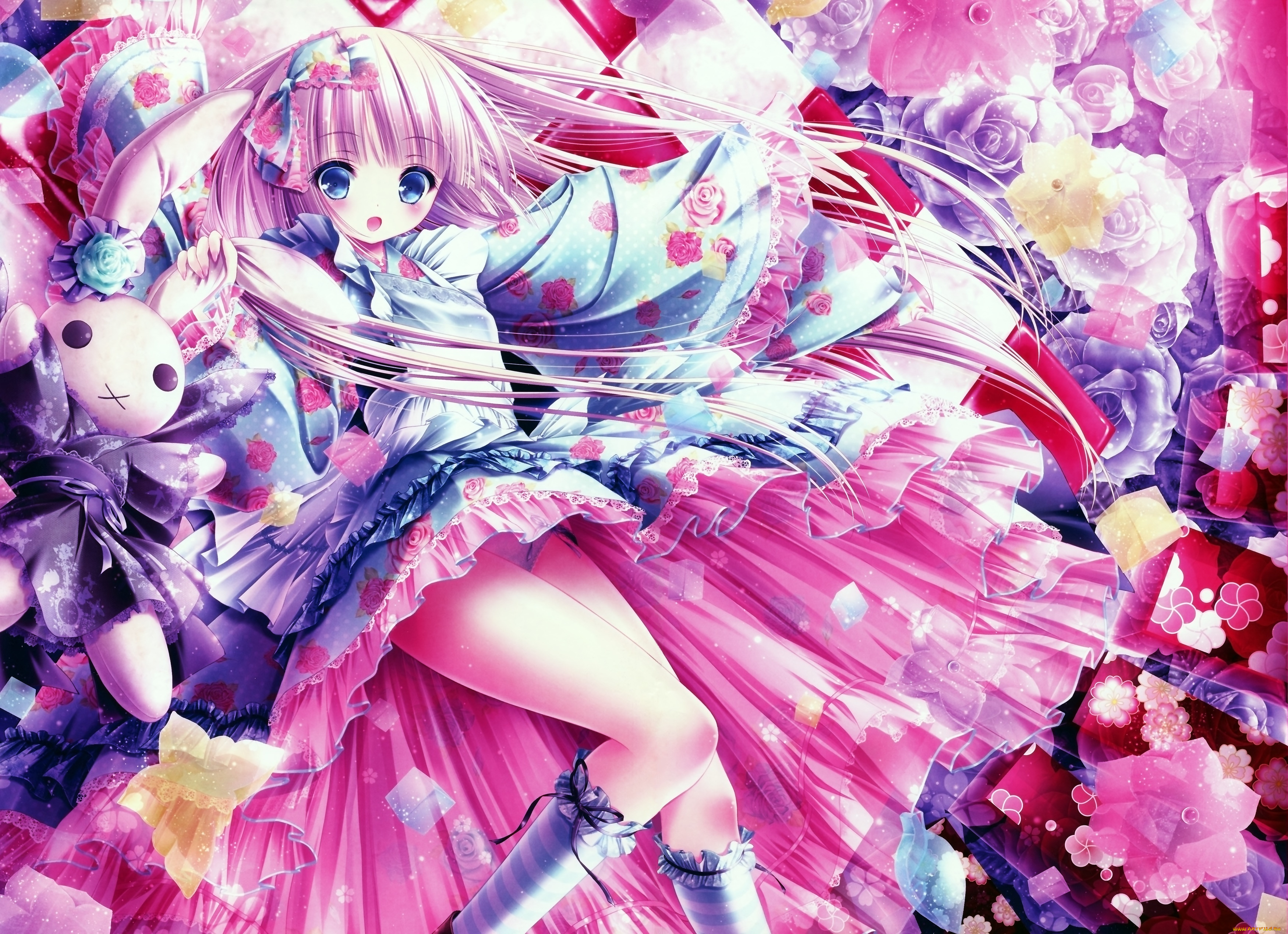 аниме, unknown, , другое, девушка, арт, tinkle, розы, взгляд, цветы