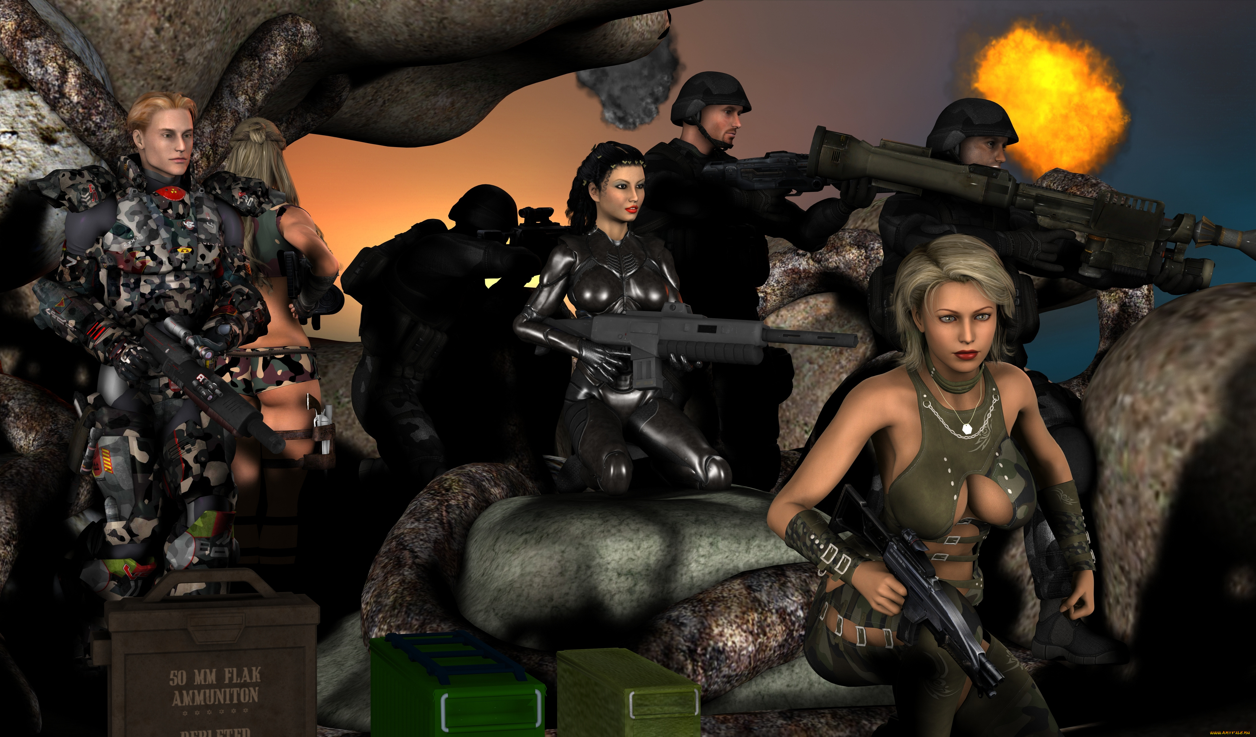 3д, графика, фантазия, , fantasy, фон, взгляд, оружие, мужчины, девушки