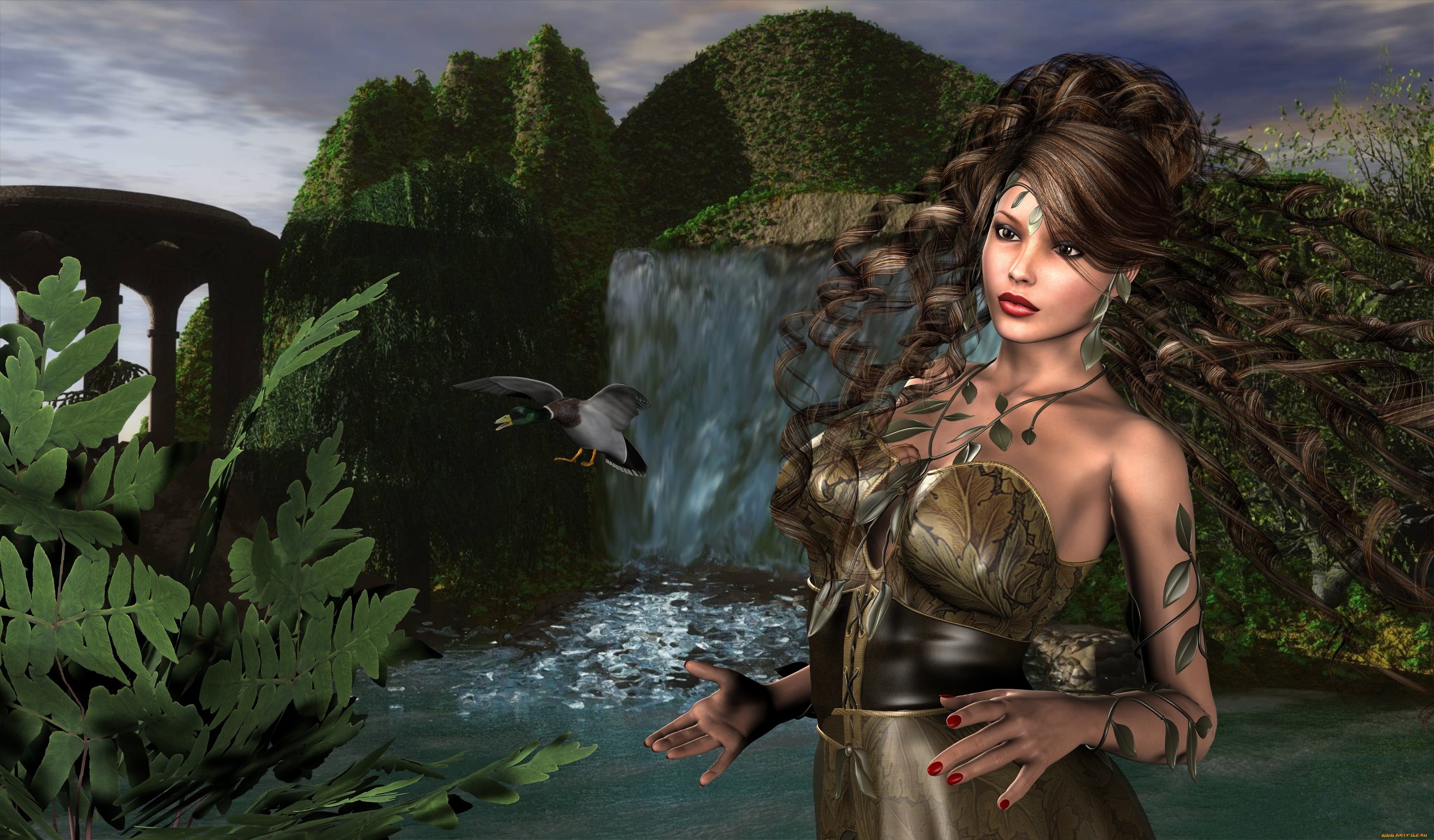 3д, графика, люди, , people, утки, водопад, горы, фон, взгляд, девушка