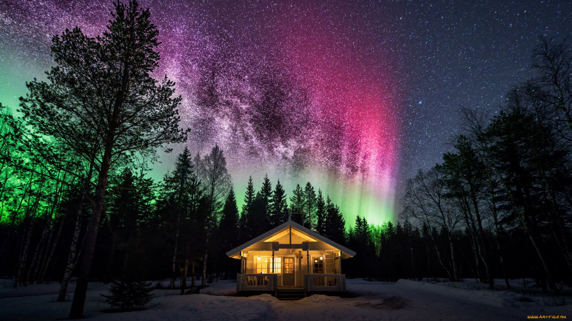 природа, северное, сияние, лес, снег, домик