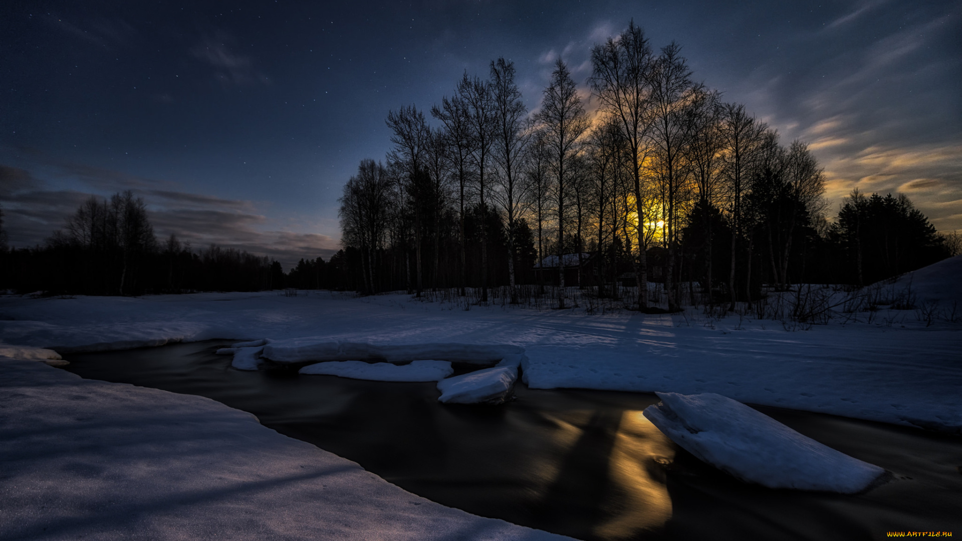 природа, зима, снег, ночь, река, лес