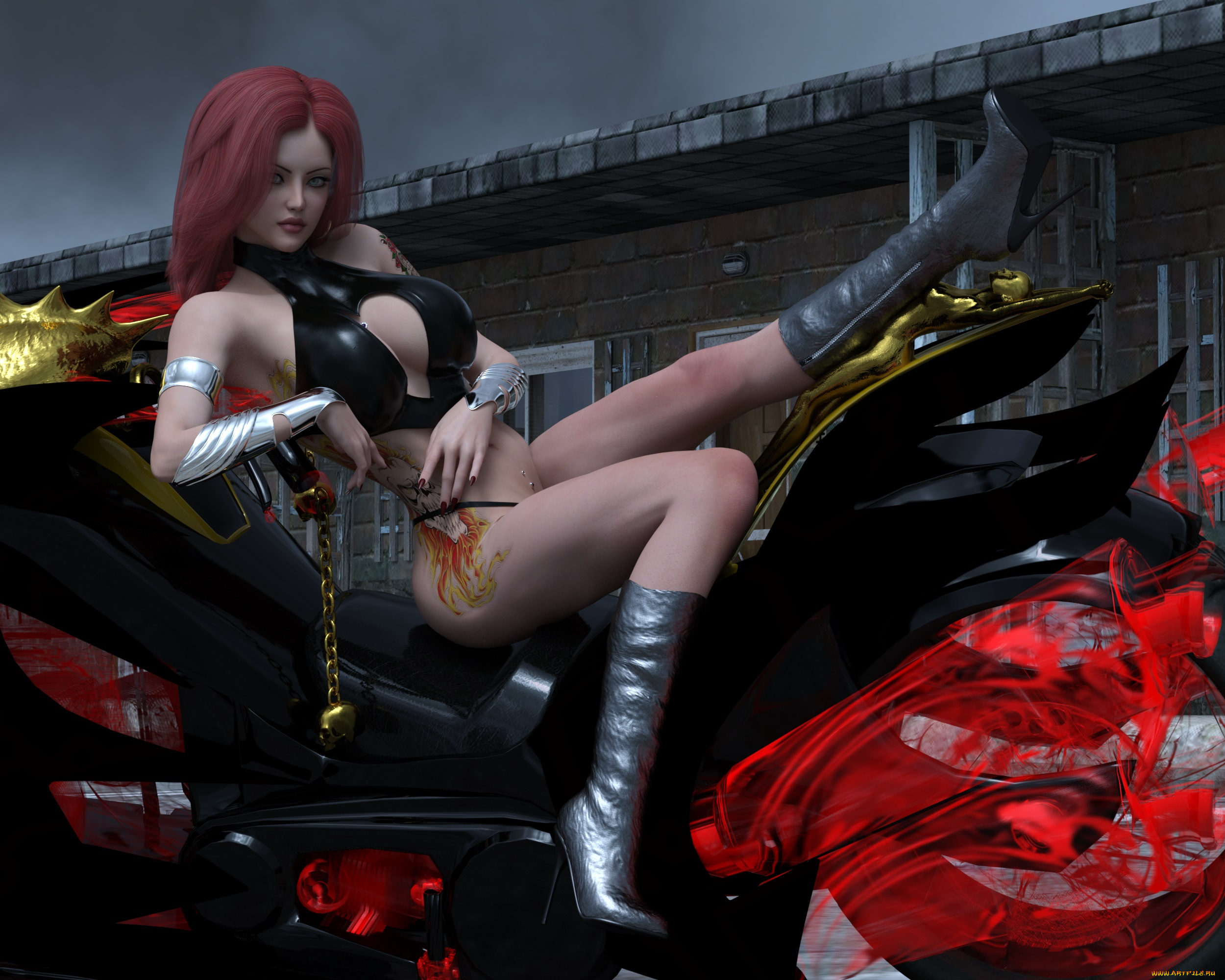 3д, графика, люди-авто, мото, , people-, car, , , moto, девушка, взгляд, мотоцикл, фон