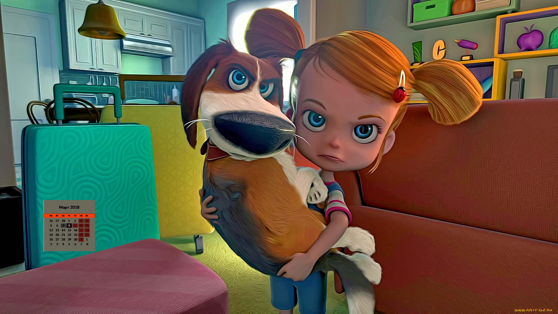 календари, кино, , мультфильмы, 2018, взгляд, девочка, собака