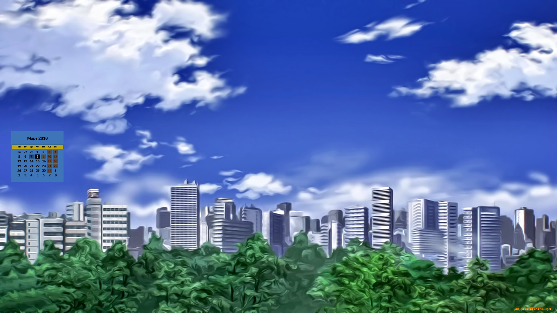 календари, рисованные, , векторная, графика, 2018, здание, деревья