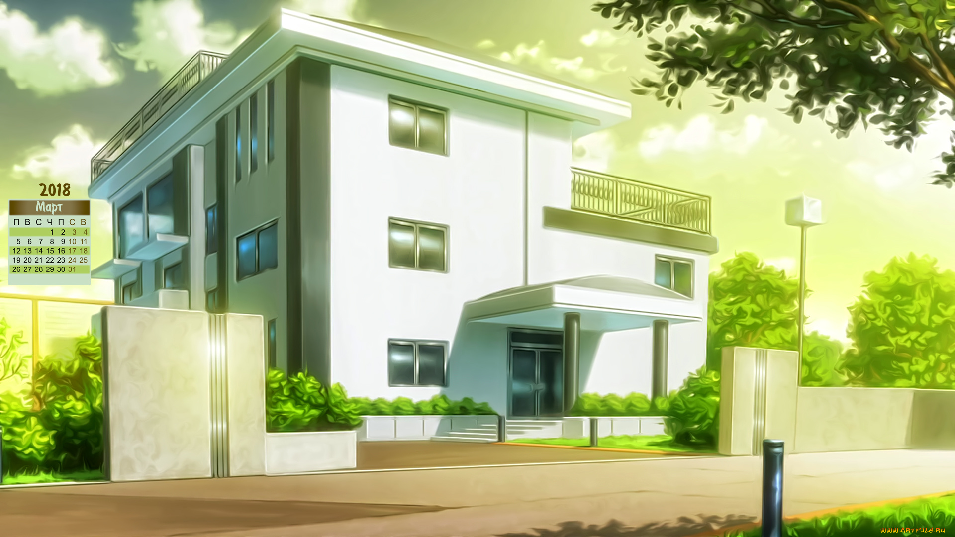 календари, рисованные, , векторная, графика, 2018, здание, дорога