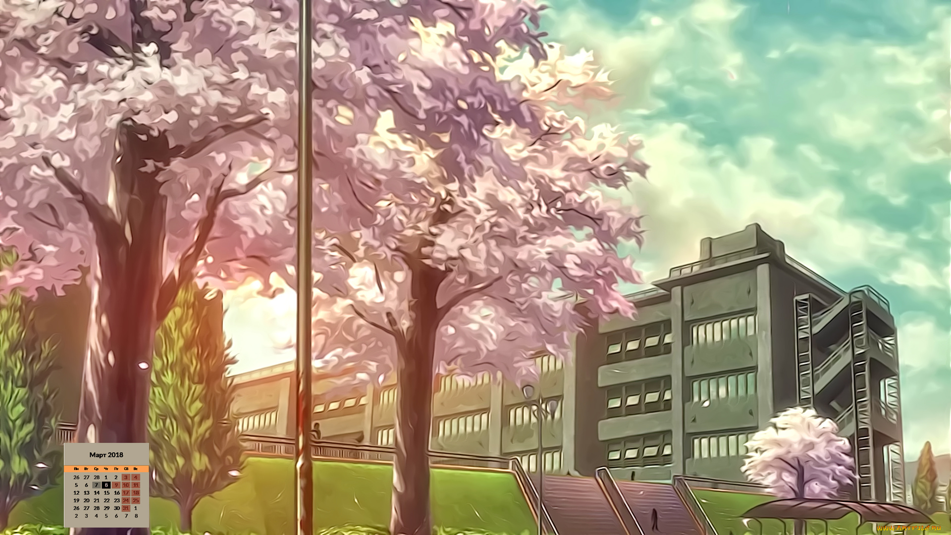 календари, рисованные, , векторная, графика, 2018, деревья, здание