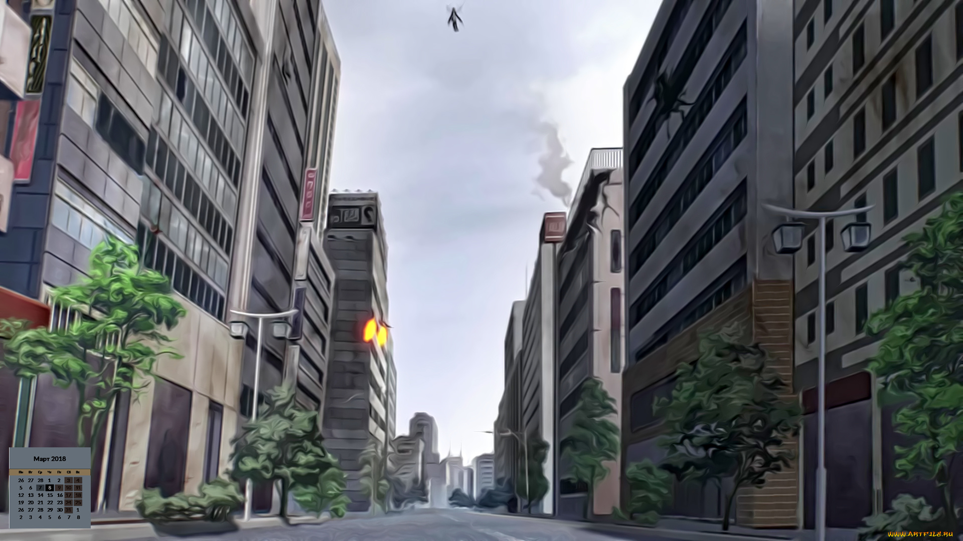 календари, рисованные, , векторная, графика, деревья, дорога, здание, 2018