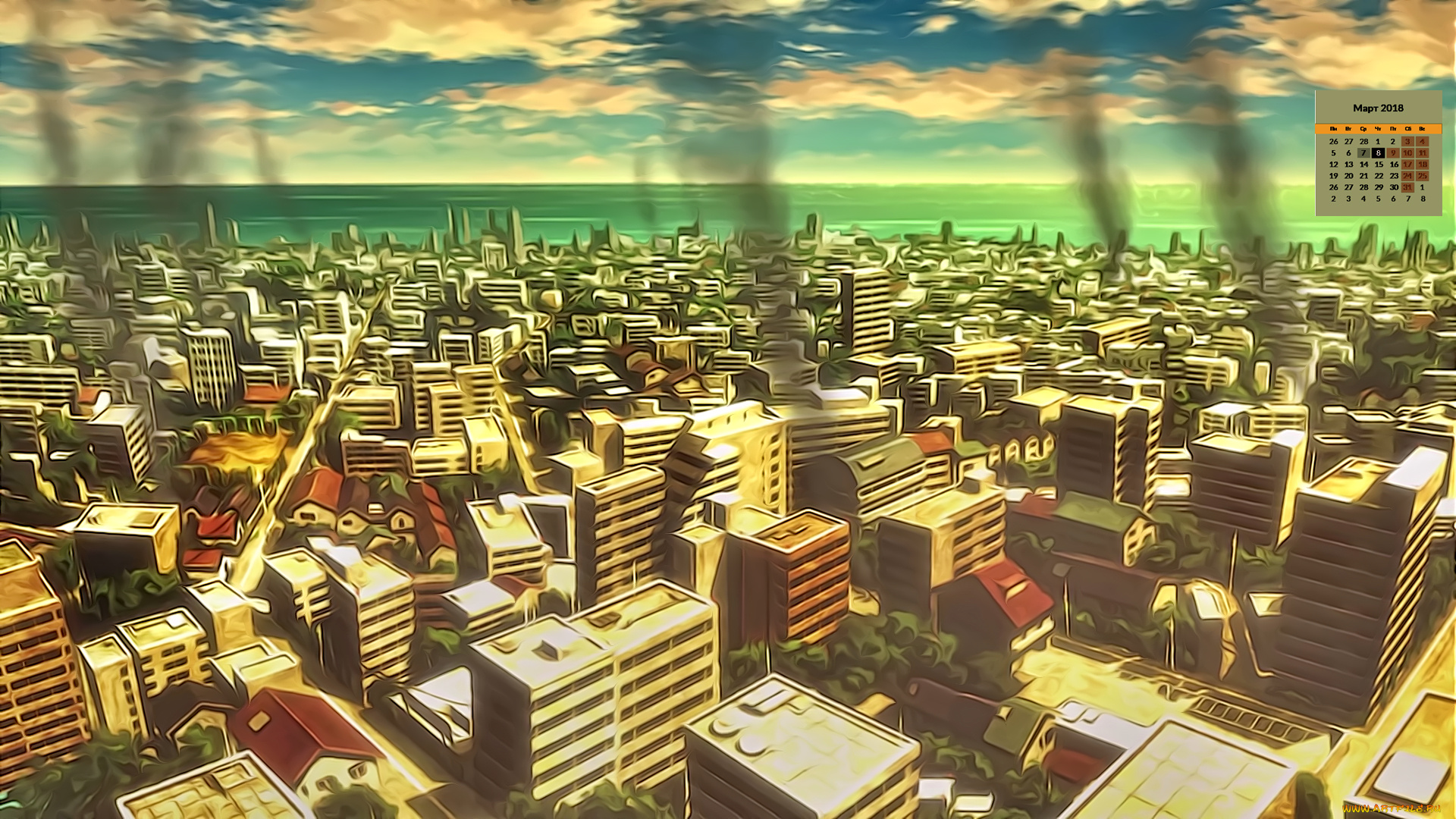 календари, рисованные, , векторная, графика, дым, облака, здание, 2018