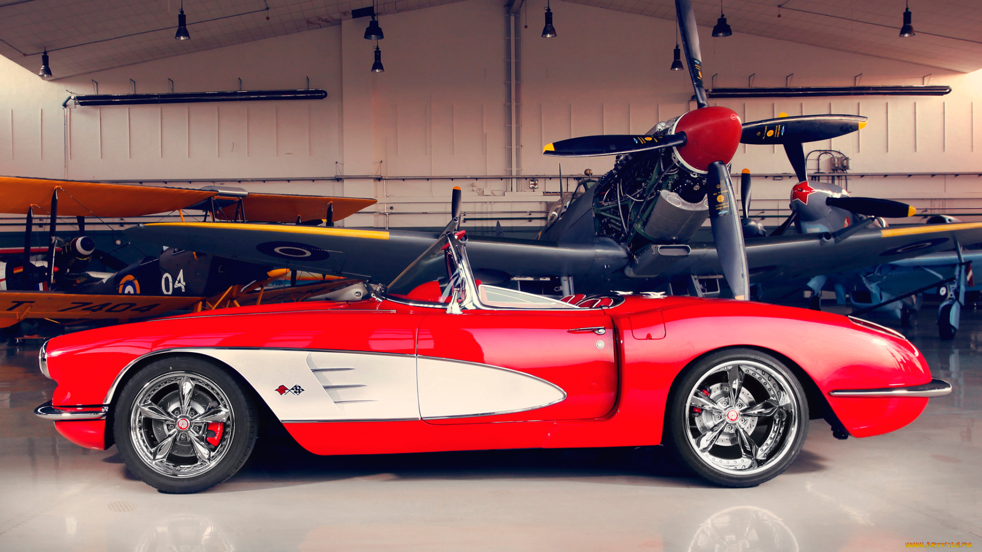 pogea, racing, corvette, c1, 2012, автомобили, corvette, pogea, racing, c1, 2012, красный, ангар, самолёт