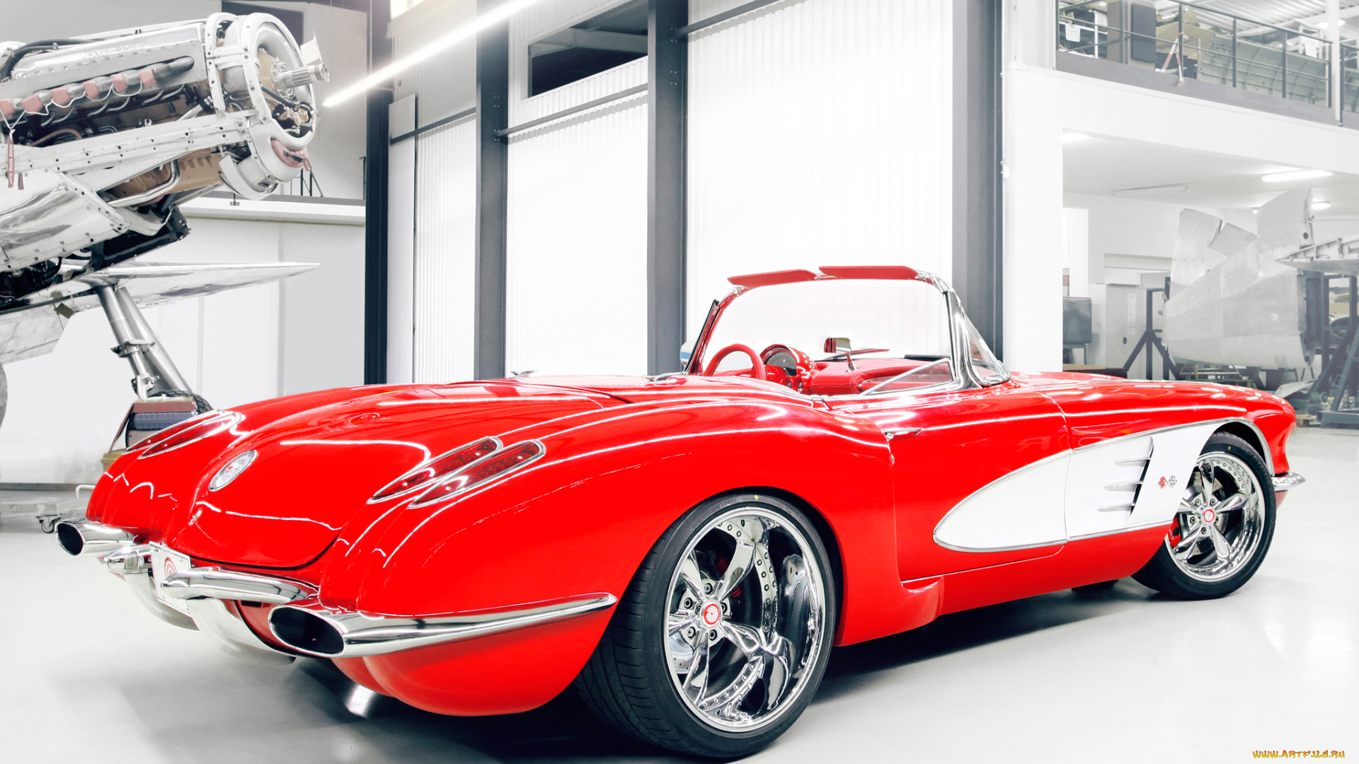 pogea, racing, corvette, c1, 2012, автомобили, corvette, pogea, racing, c1, 2012, красный, ангар, самолёт