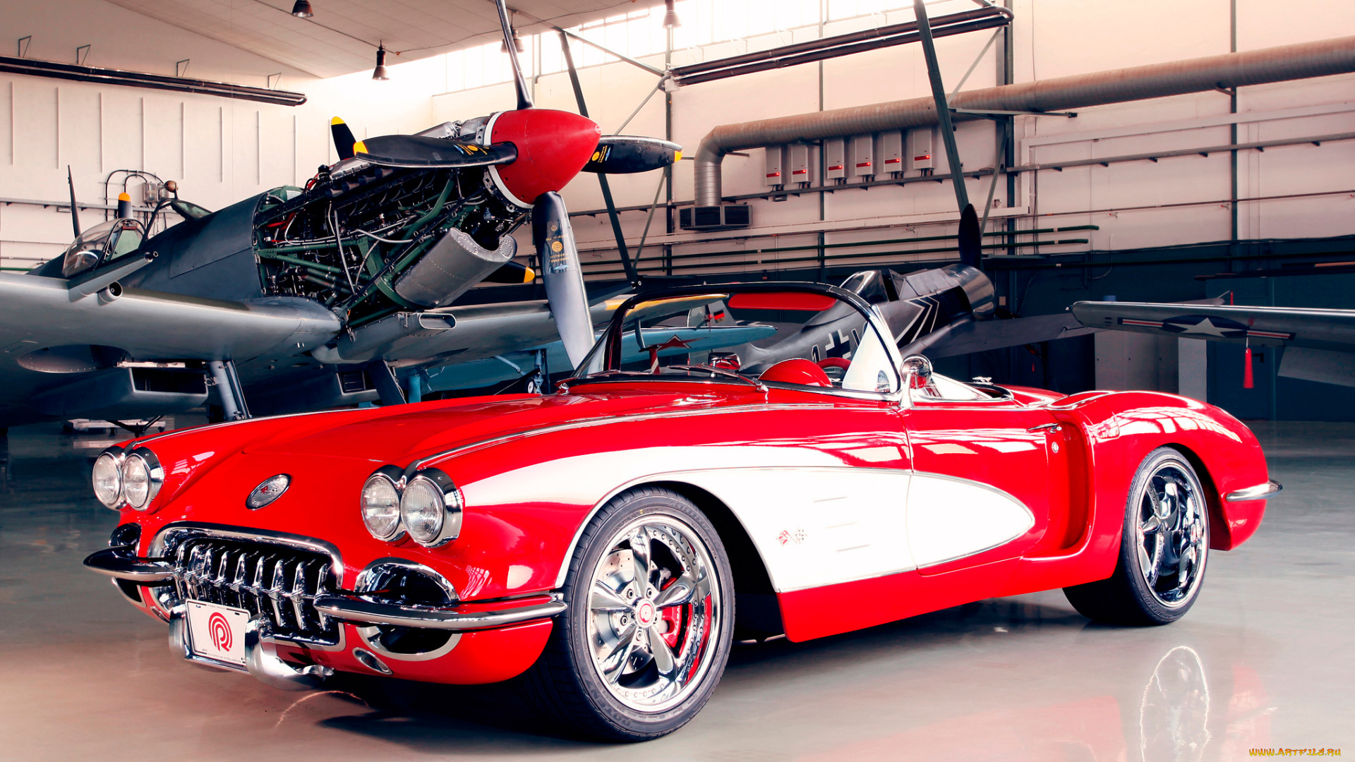 pogea, racing, corvette, c1, 2012, автомобили, corvette, pogea, racing, c1, 2012, красный, ангар, самолёт