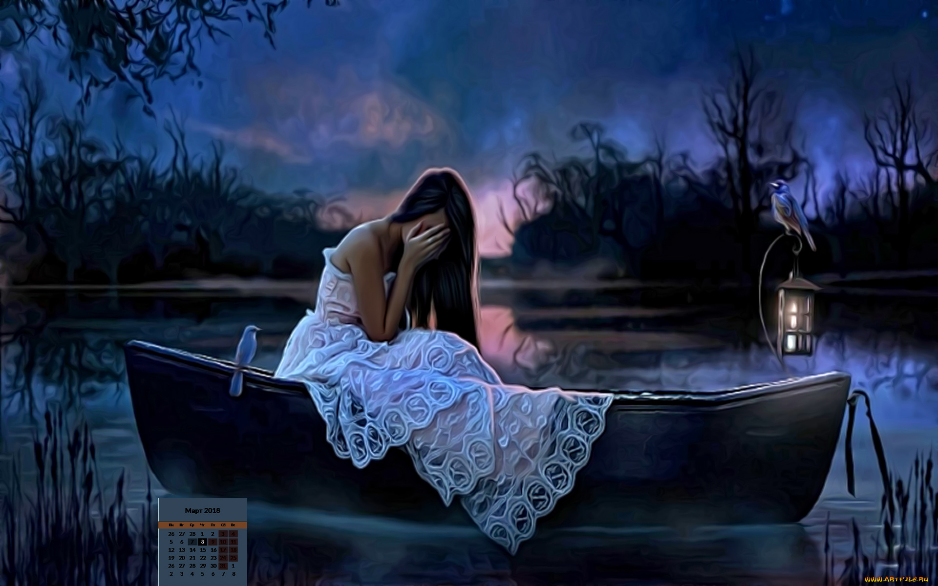 календари, фэнтези, птица, водоем, лодка, 2018, девушка