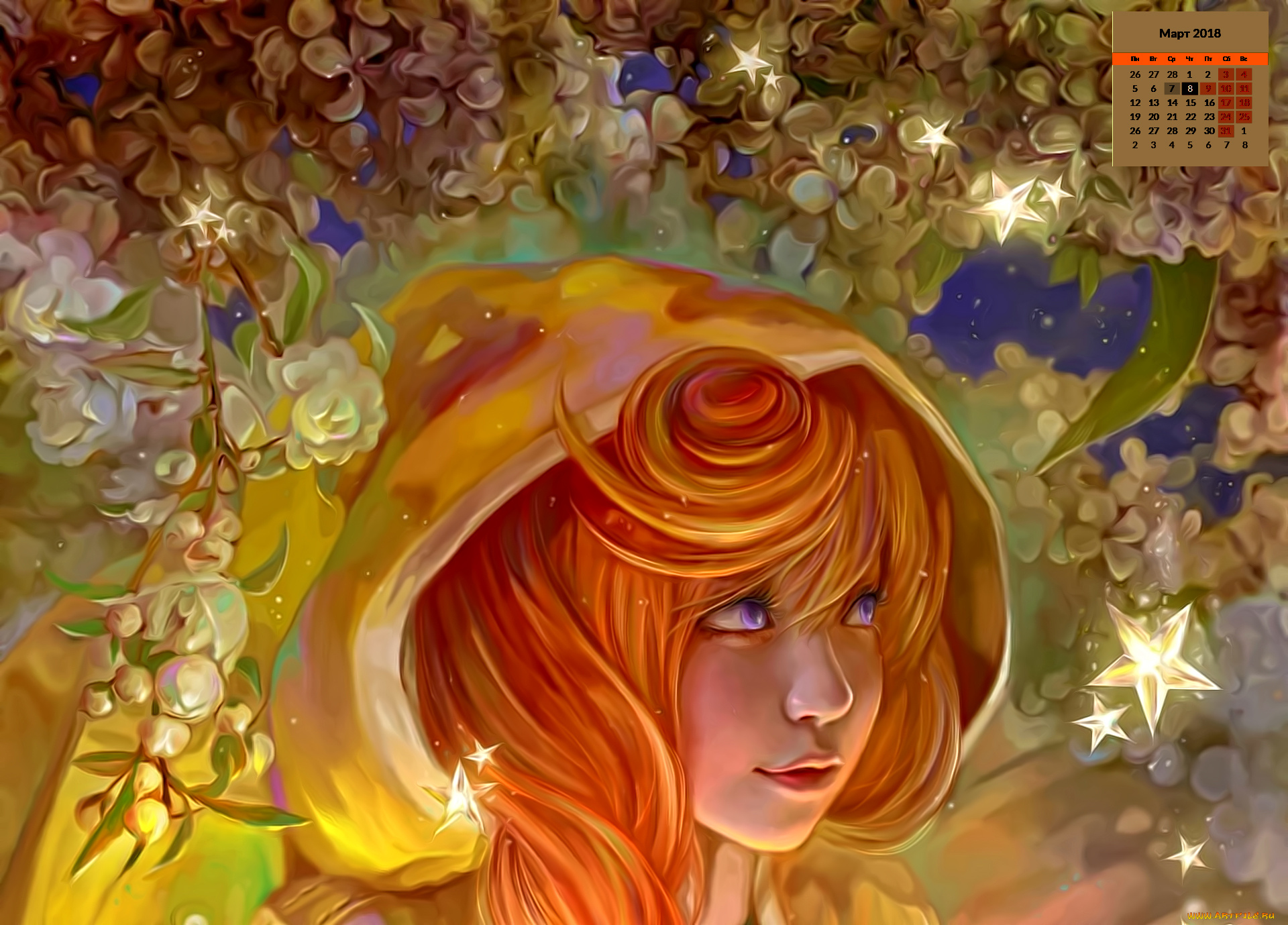 календари, рисованные, , векторная, графика, 2018, девушка, взгляд, лицо, цветы