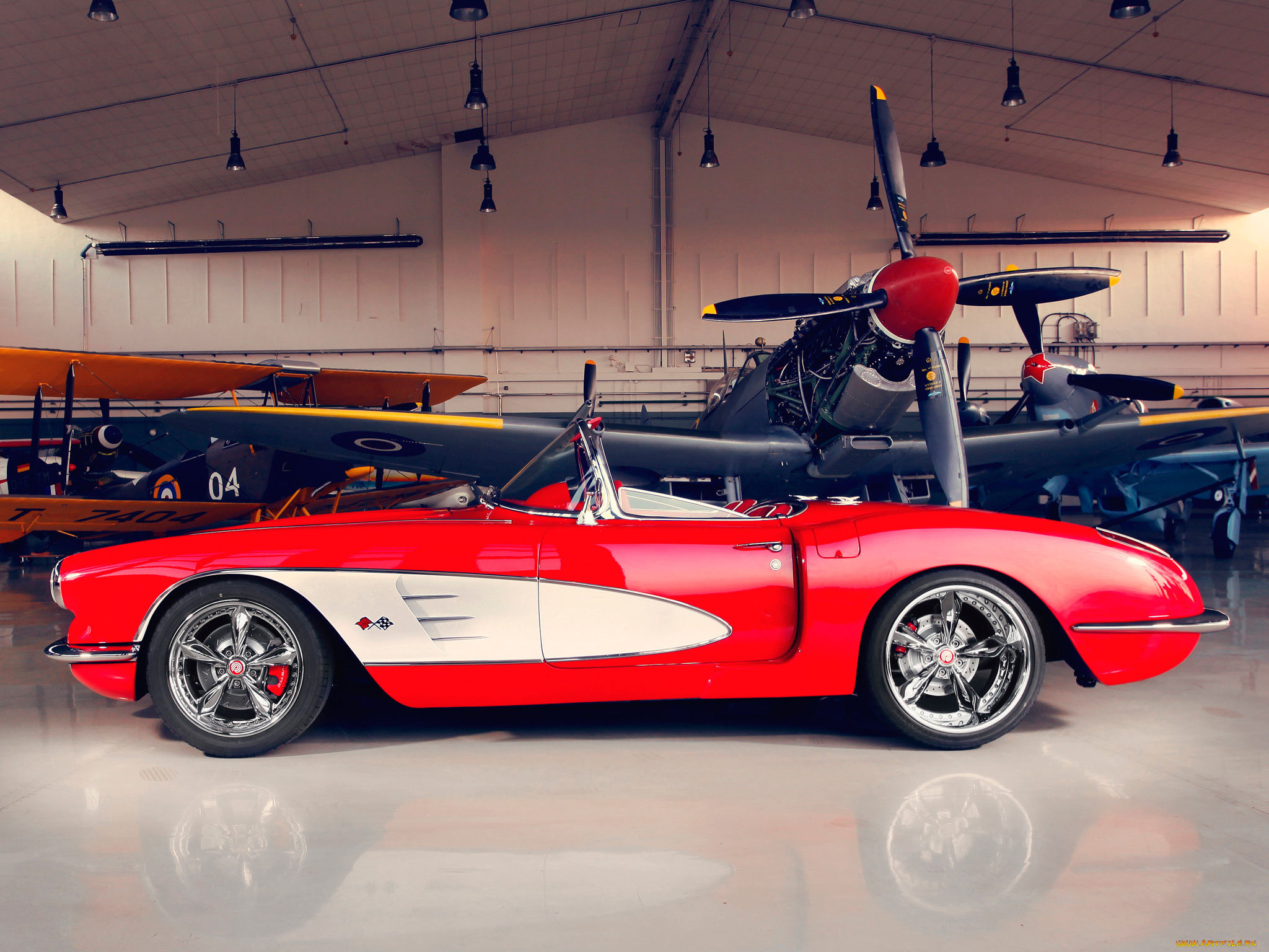 pogea, racing, corvette, c1, 2012, автомобили, corvette, pogea, racing, c1, 2012, красный, ангар, самолёт