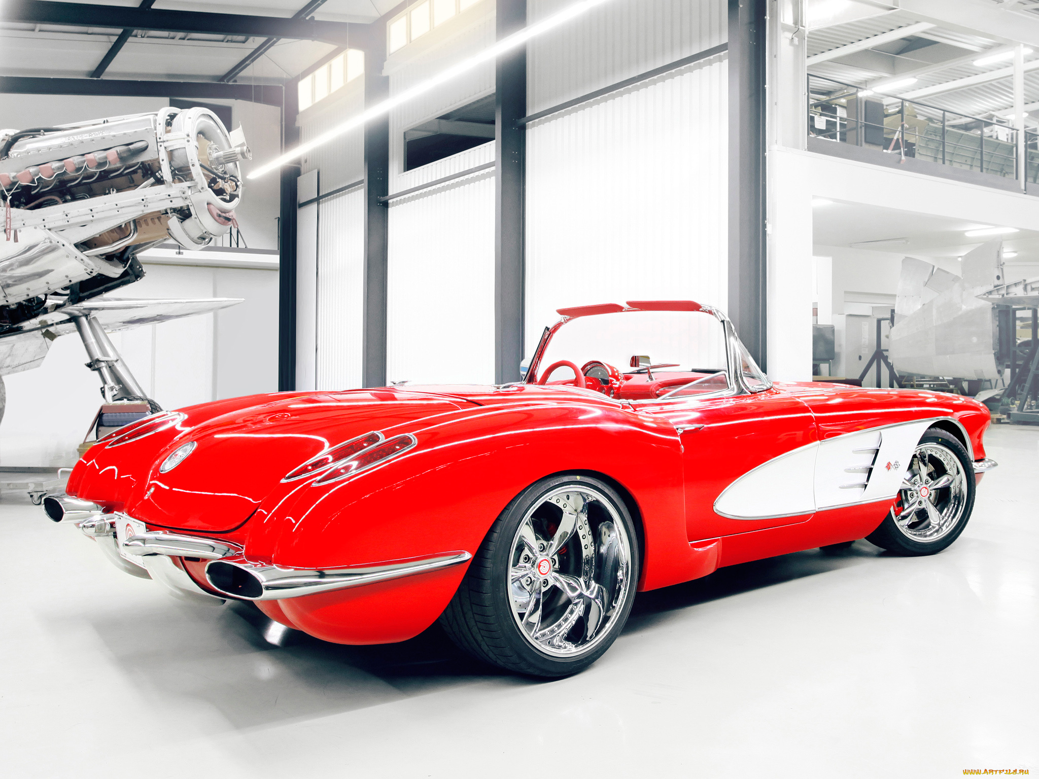 pogea, racing, corvette, c1, 2012, автомобили, corvette, pogea, racing, c1, 2012, красный, ангар, самолёт