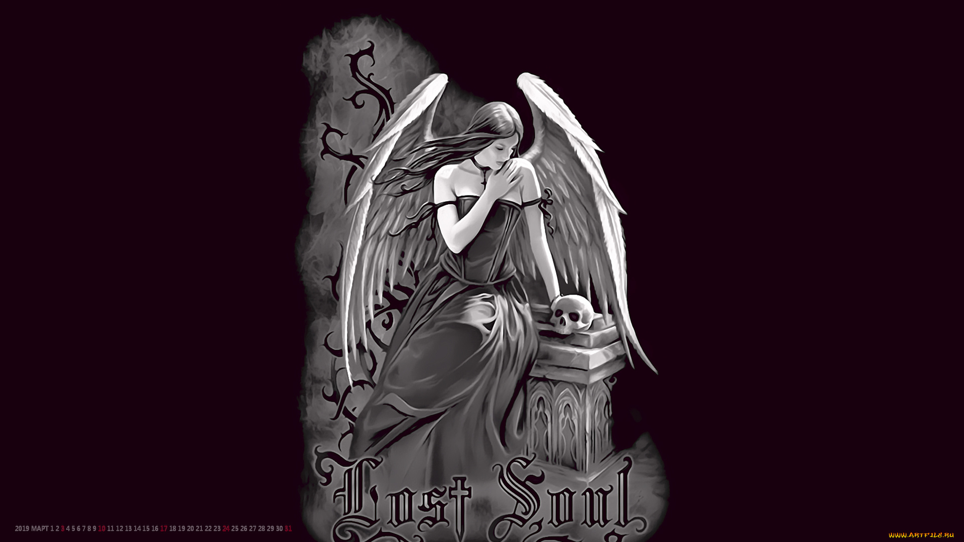 календари, фэнтези, череп, крылья, девушка