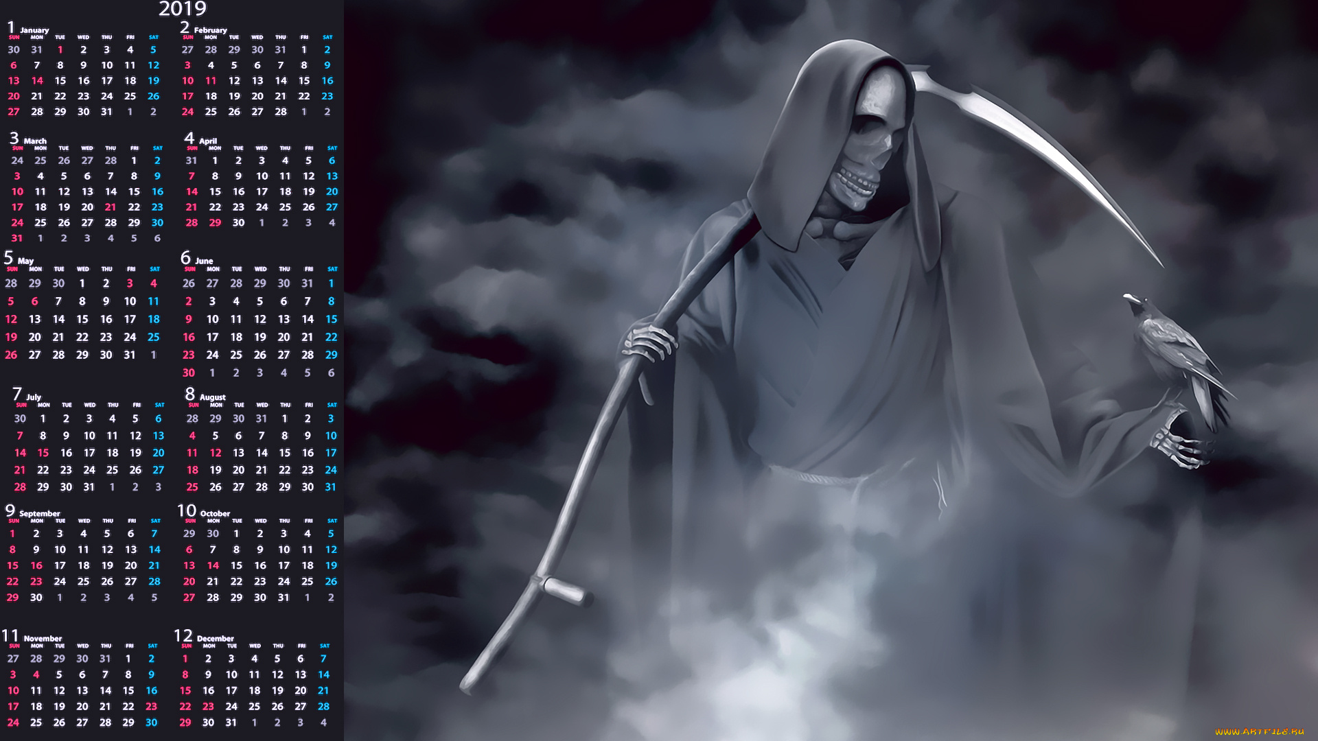 календари, фэнтези, смерть, плащ, птица, коса, скелет, нежить