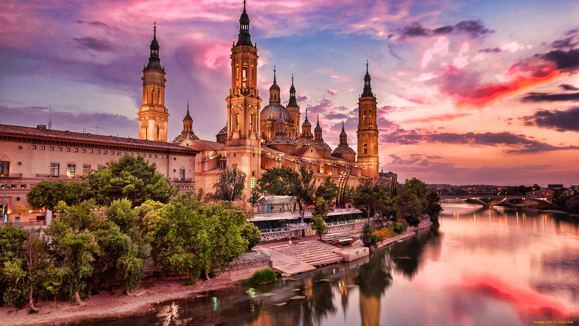города, сарагоса, , испания, закат, собор, река