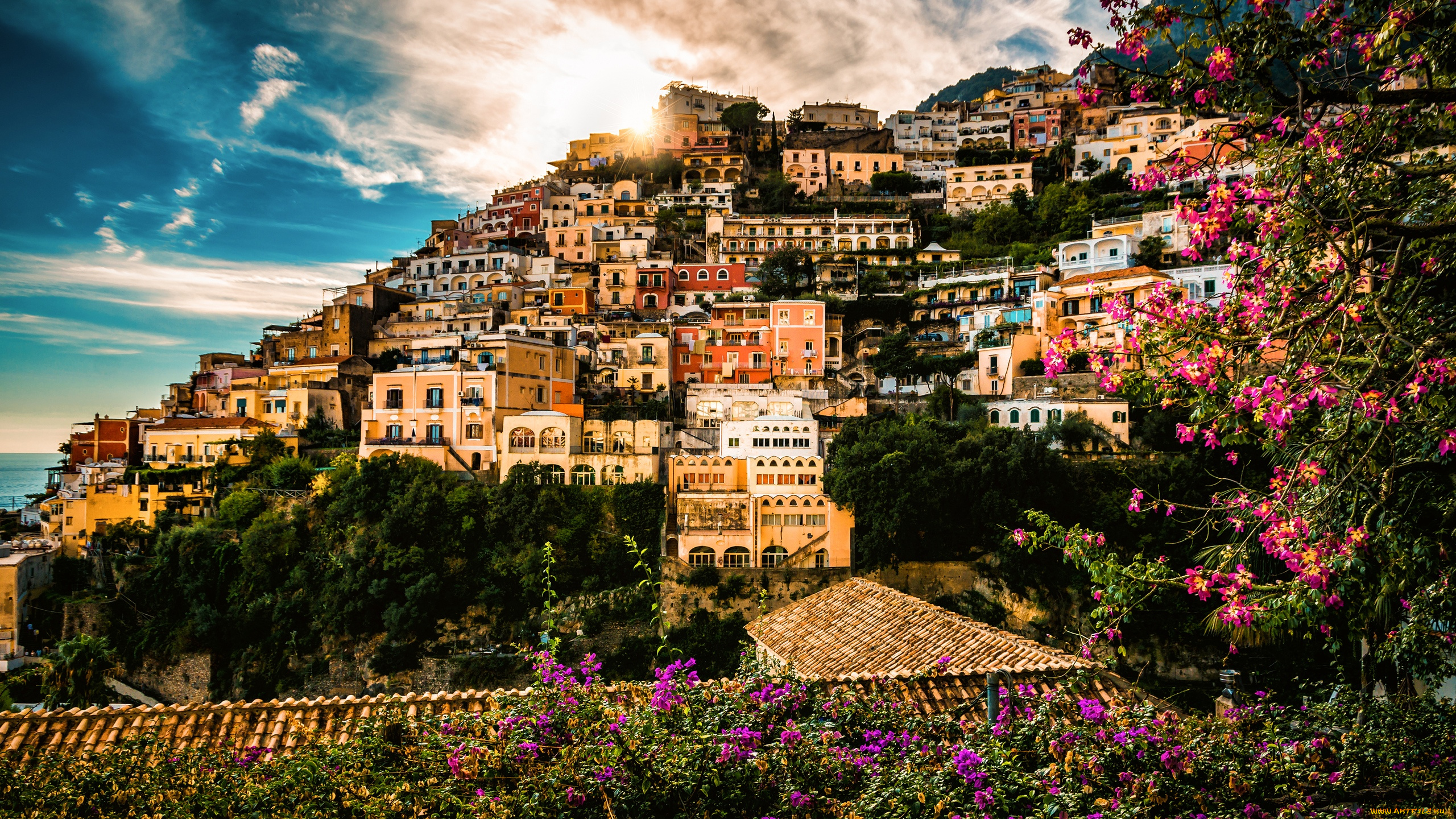 города, -, панорамы, позитано, италия