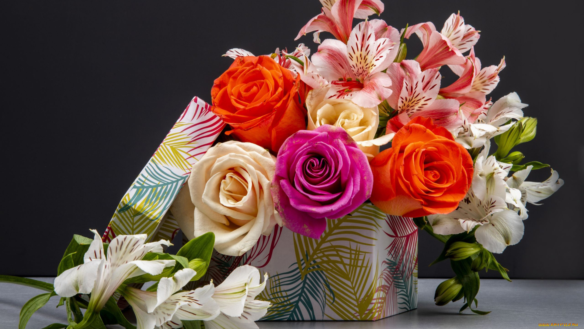 цветы, букеты, , композиции, коробка, букет, розы, альстромерия