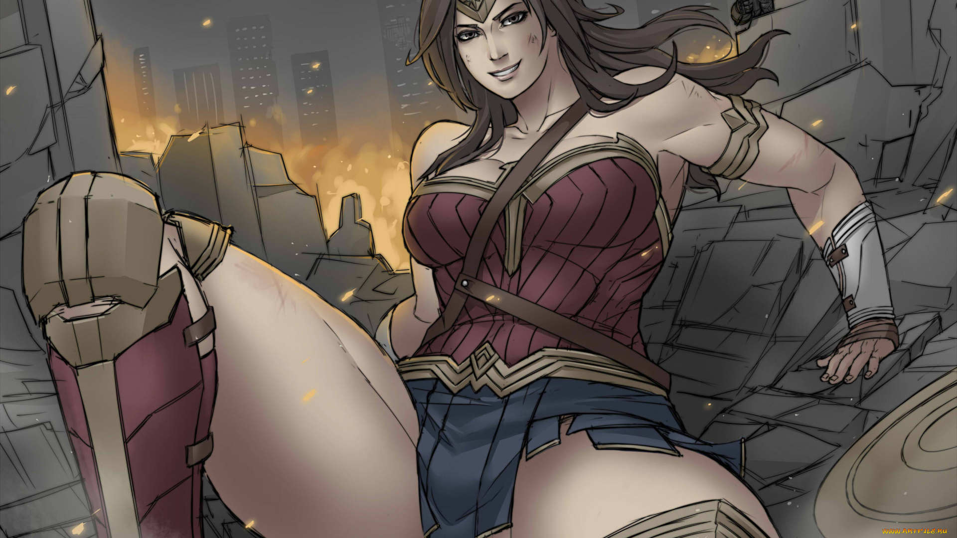 рисованное, комиксы, девушка, мужчина, фон, взгляд, улыбка, униформа