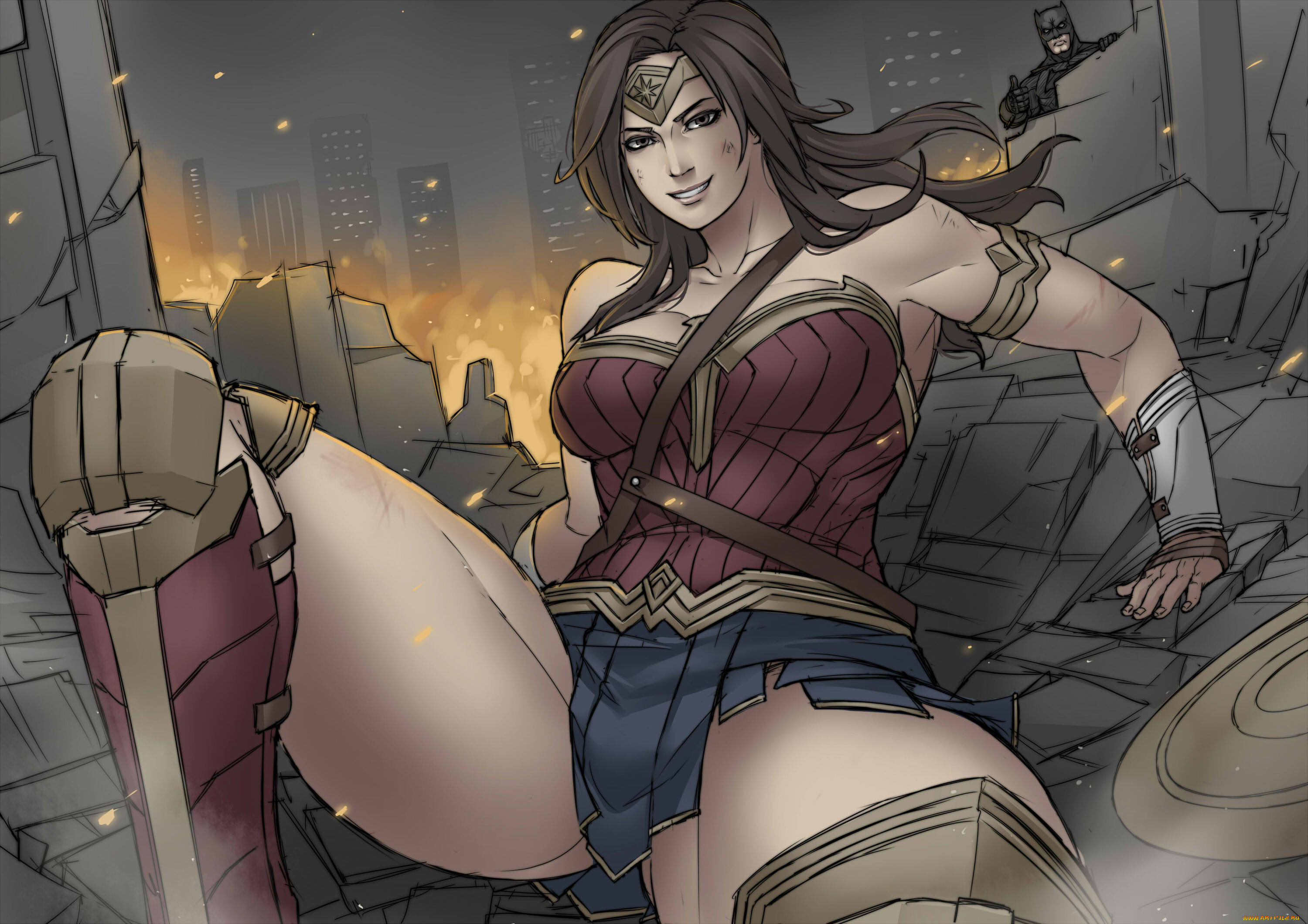 рисованное, комиксы, девушка, мужчина, фон, взгляд, улыбка, униформа