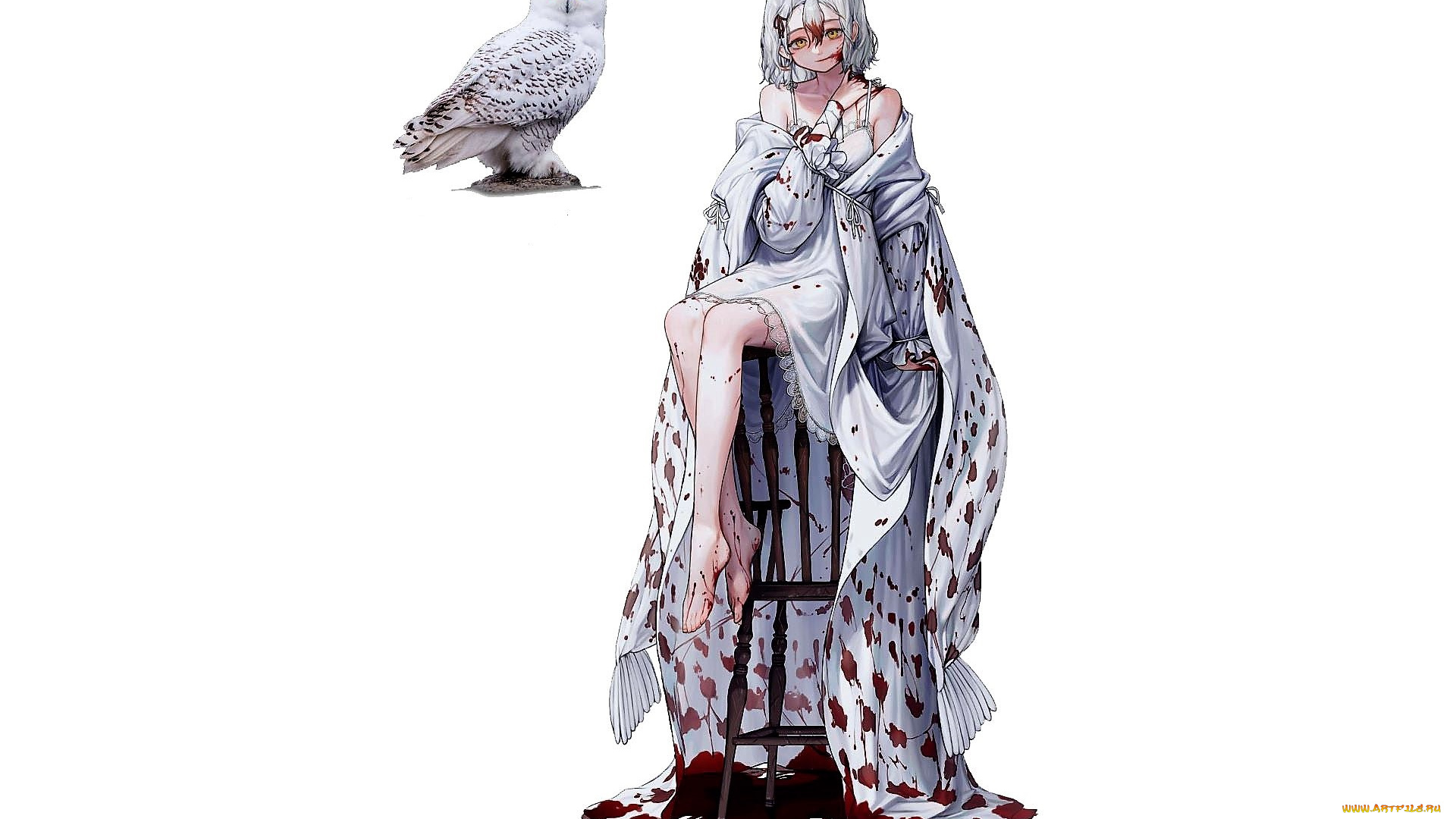 аниме, животные, , существа, девушка, наряд, кровь, табурет, сова