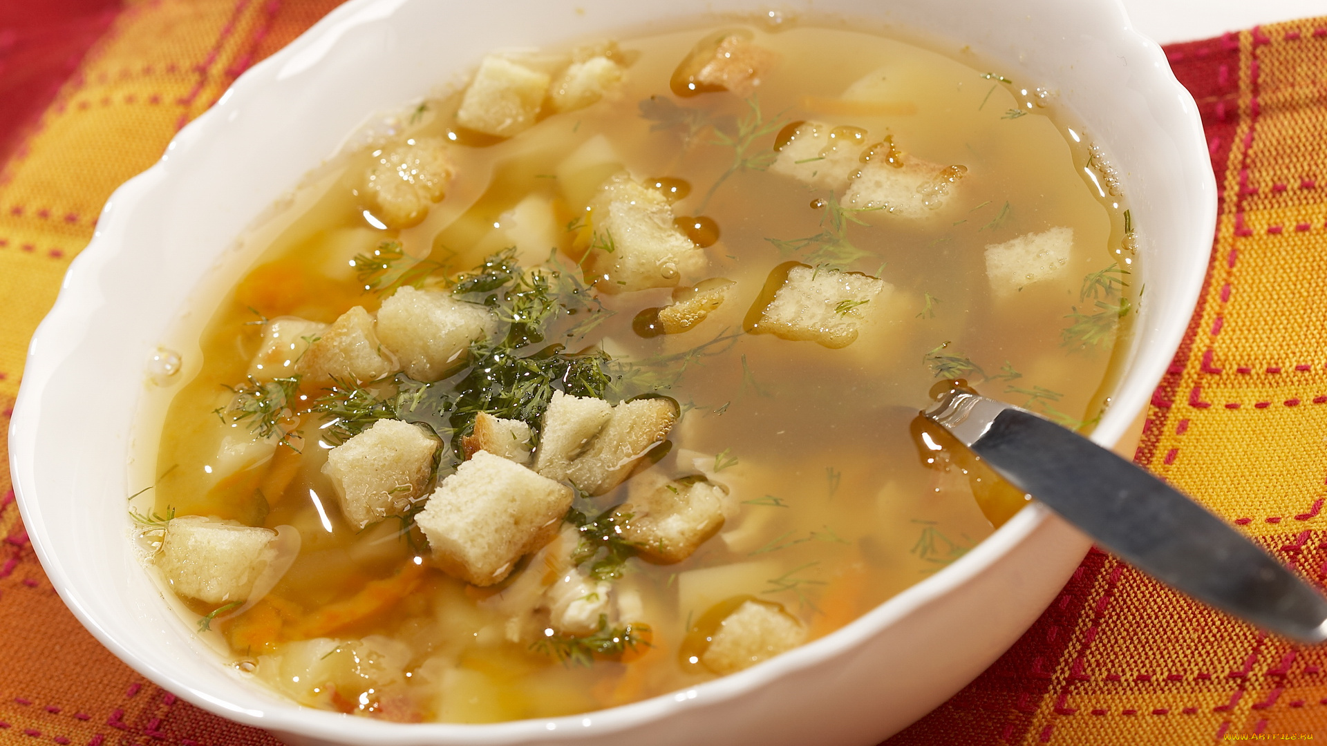 еда, первые, блюда, суп, зелень, сухарики