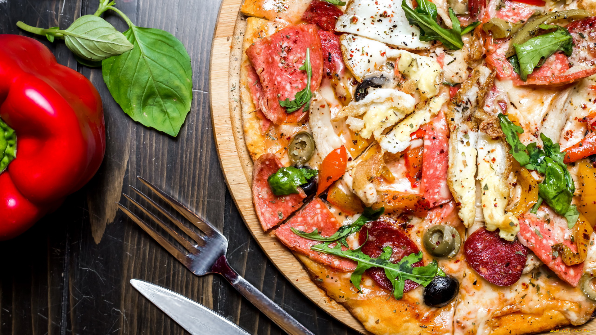 еда, пицца, перец, базилик