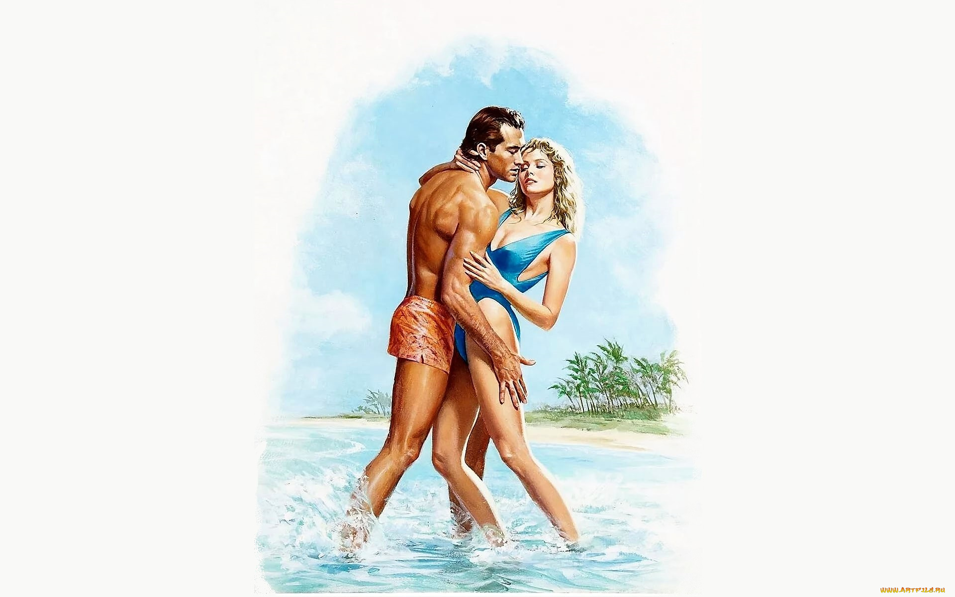 рисованное, люди, пара, любовь, море, пальмы