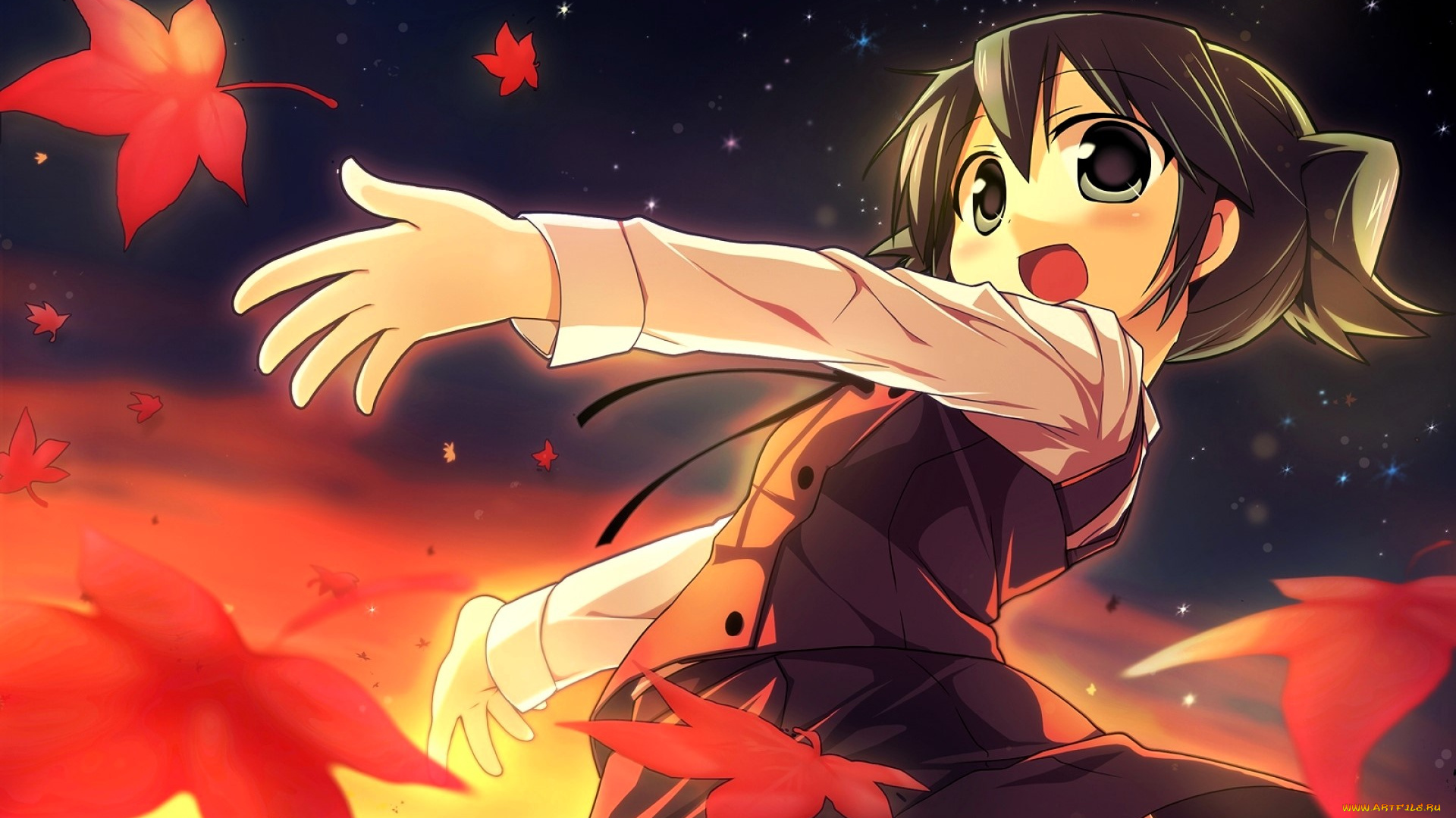 аниме, hidamari, sketch, девочка, листья